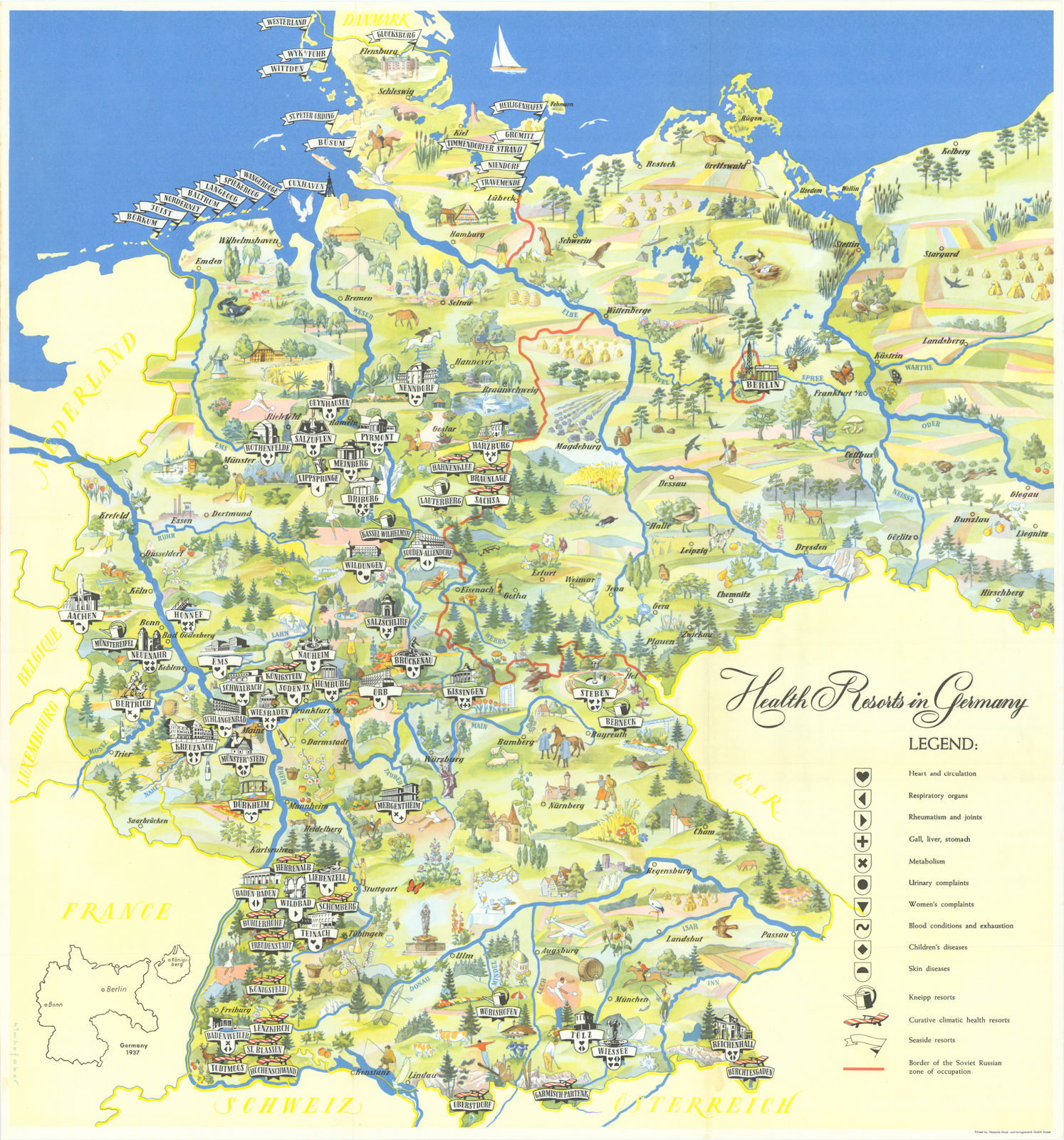 Associate Product Health Resorts in Germany. Pictorial poster map. Himkefaber 1958 old