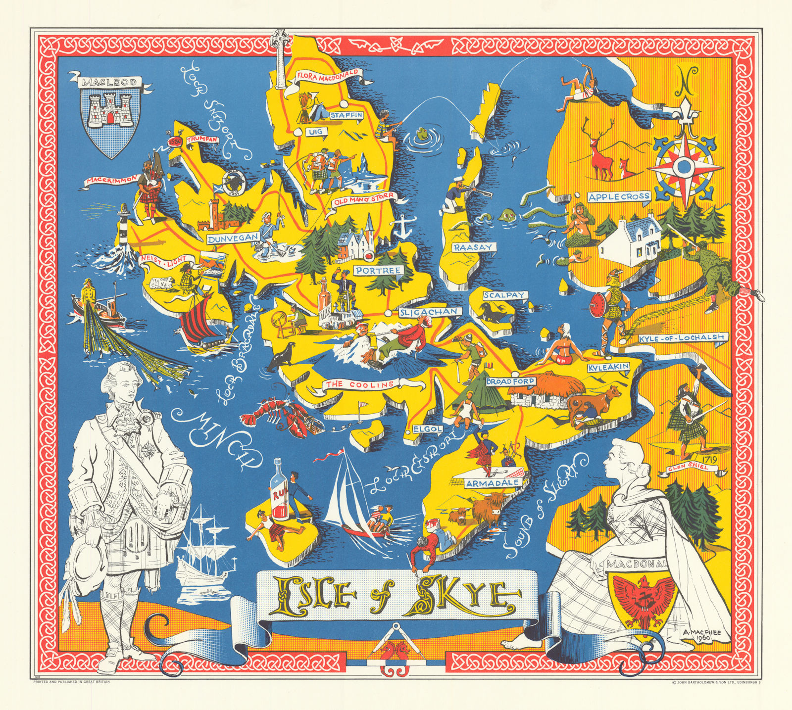 Isle of Skye pictorial map by A. Macphee. Talisker & Rum Whisky 1960 old