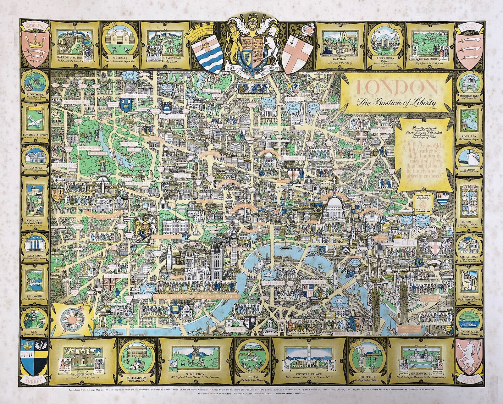 London - The Bastion of Liberty. Pictorial map by Kerry Lee c1946 old