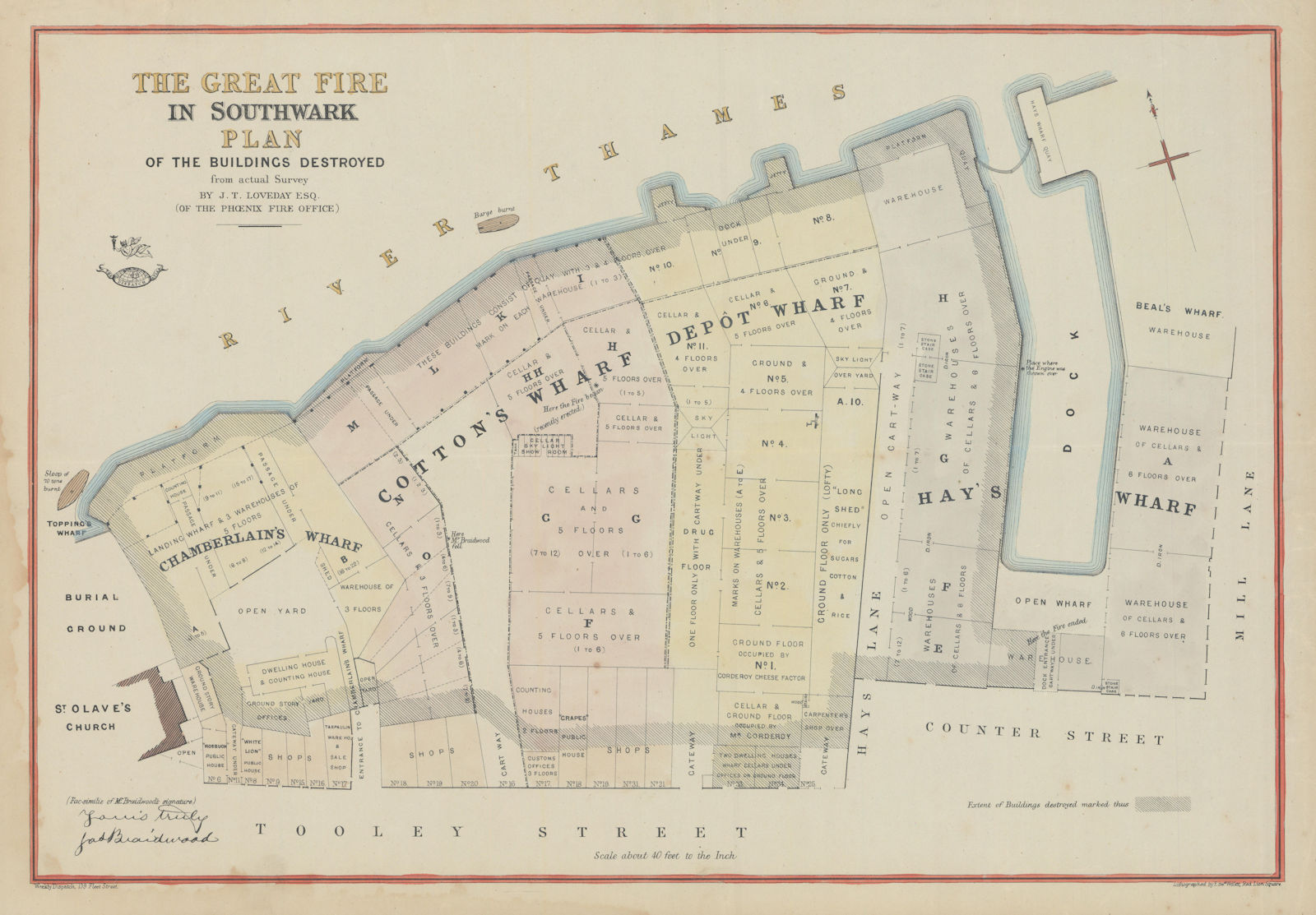The Great Fire in Southwark… Buildings Destroyed. Tooley Street. WELLER 1865 map