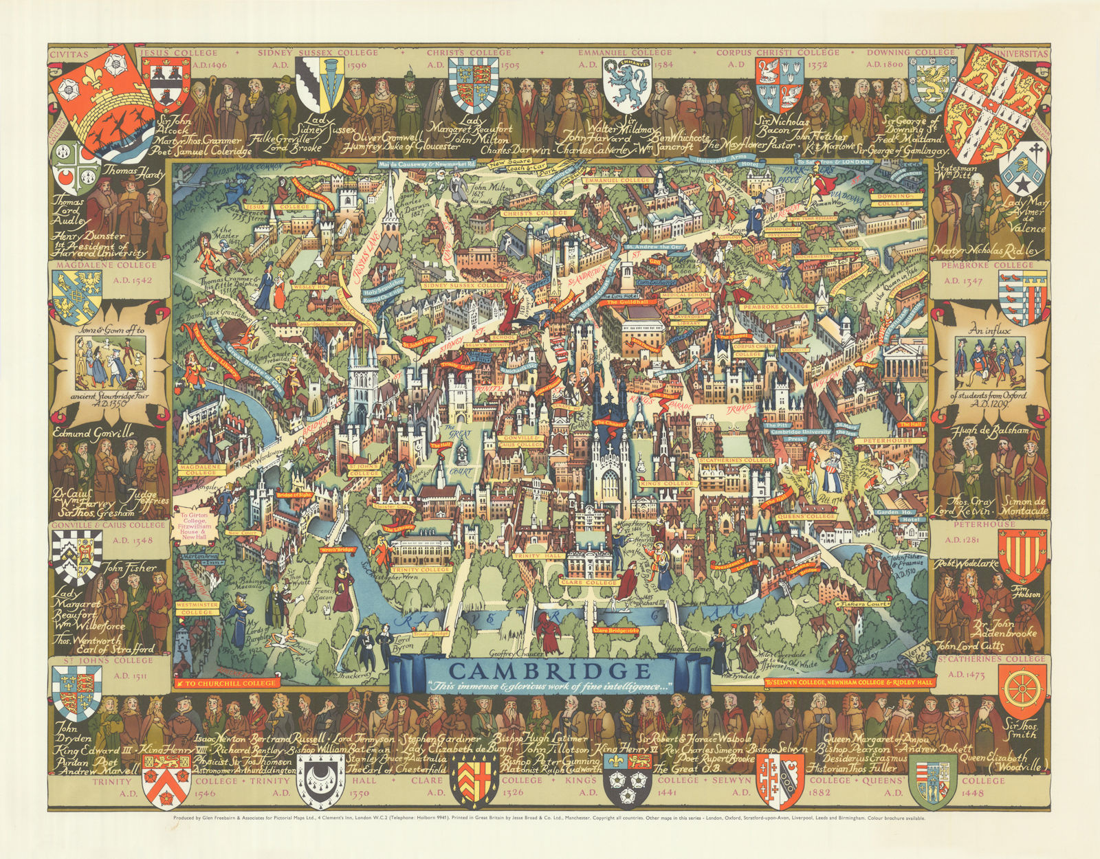 Associate Product Cambridge "This immense & glorious work…" pictorial map by Kerry Lee 1948