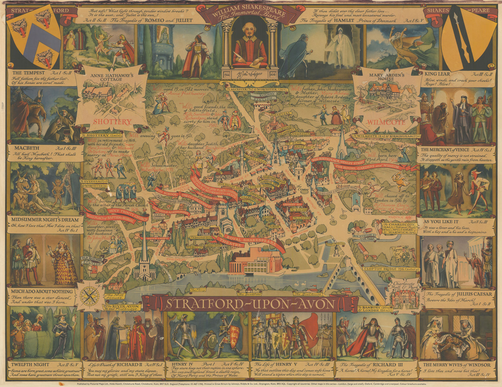 Stratford-upon-Avon & William Shakespeare's life. Kerry Lee pictorial map c1965