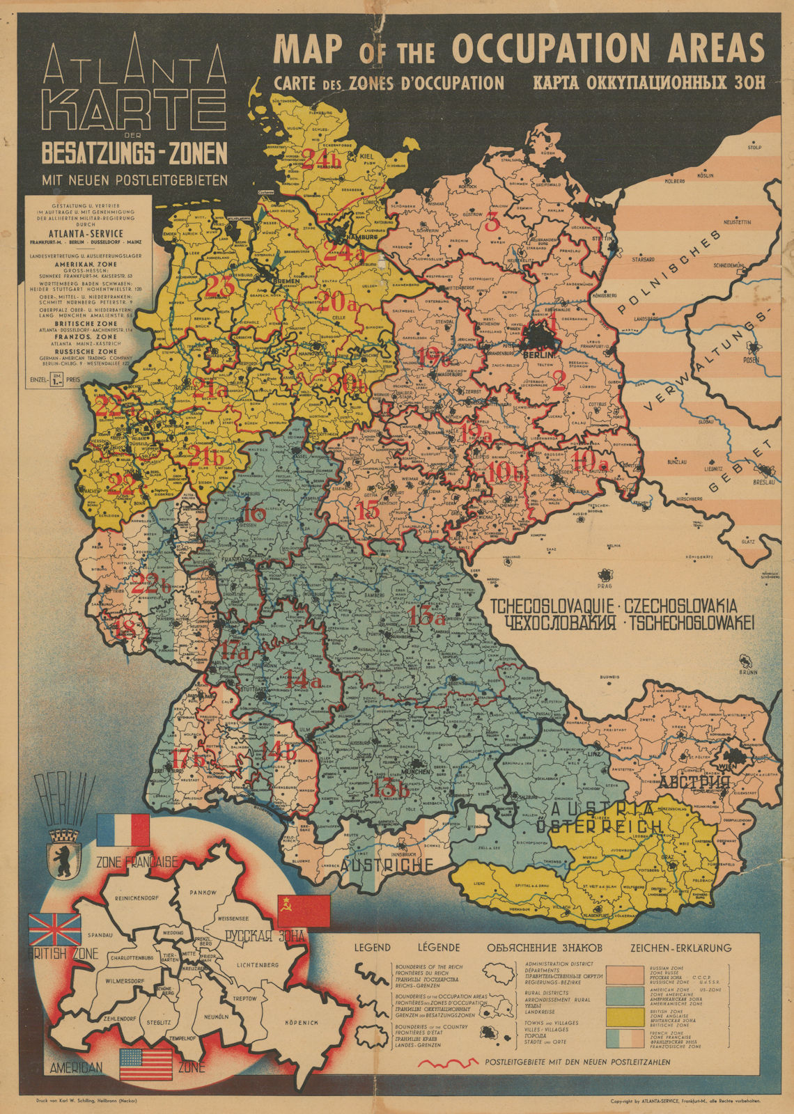 Atlanta Karte der Besatzungs-Zonen. Map of the Occupation Areas of Germany 1946