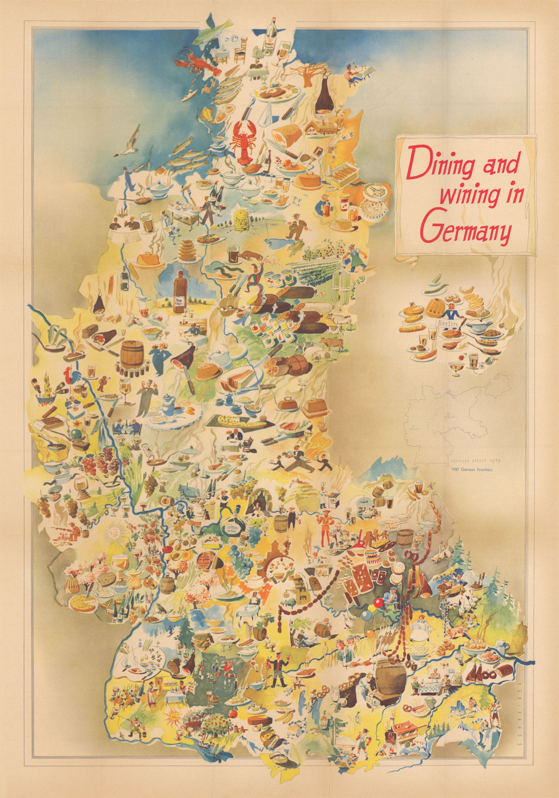 Associate Product Dining & Wining in Germany. Gastronomic tourist pictorial poster map 1953