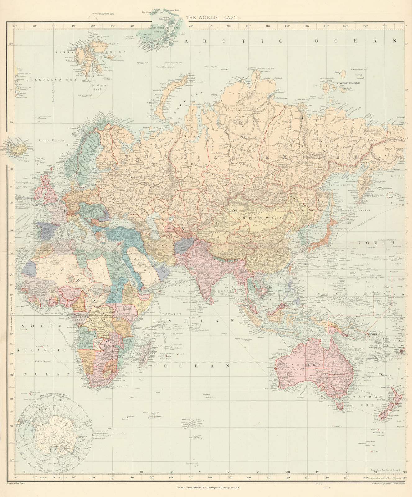 Associate Product World on Mercator's Projection. East sheet. Europe Asia Africa STANFORD 1896 map