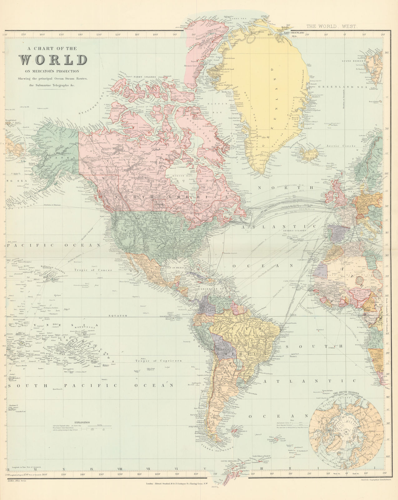 Associate Product World on Mercator's Projection. West sheet. Americas. 67x55cm. STANFORD 1896 map