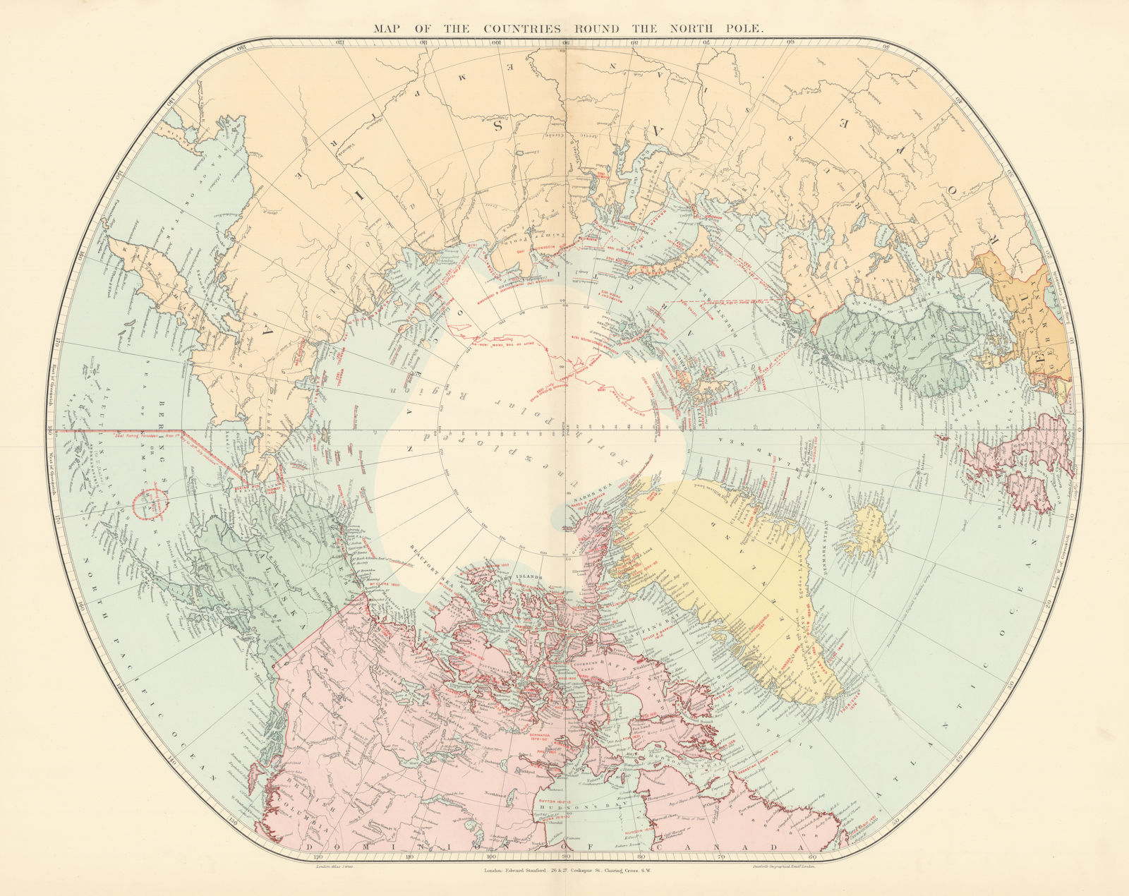 Arctic Regions. North Pole. Explorers' routes dates. Nansen. STANFORD 1896 map