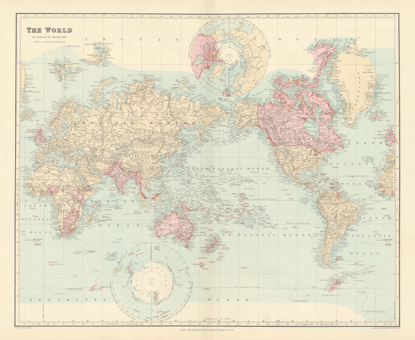 The World showing British Possessions/Empire in pink. 52x63cm. STANFORD 1896 map