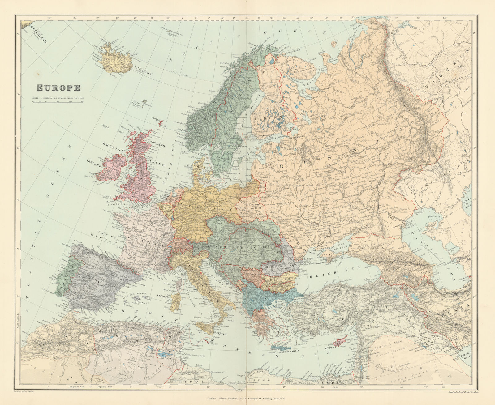Associate Product Europe. Great Powers. Austria-Hungary Russia Turkey. 53x64cm. STANFORD 1896 map