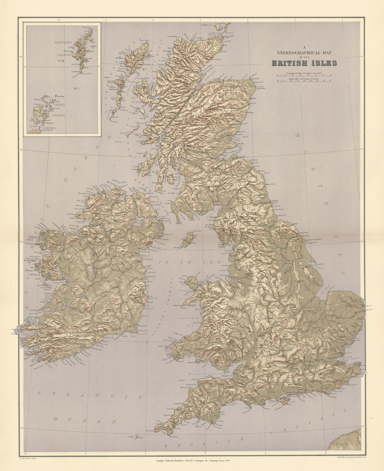 Associate Product British Isles Stereographical. Mountains rivers. Large 65x52cm STANFORD 1896 map