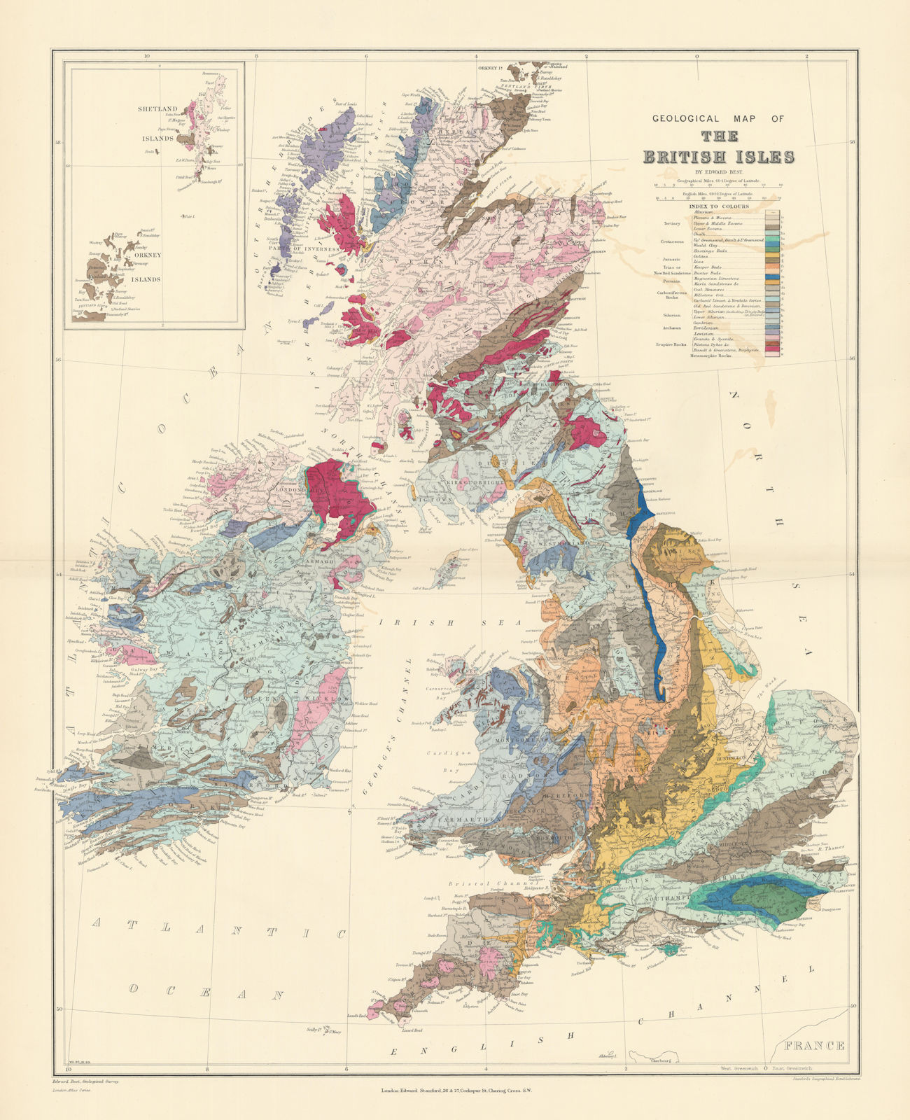 Associate Product Geological Map of the British Isles. Large 66x53cm. STANFORD 1896 old