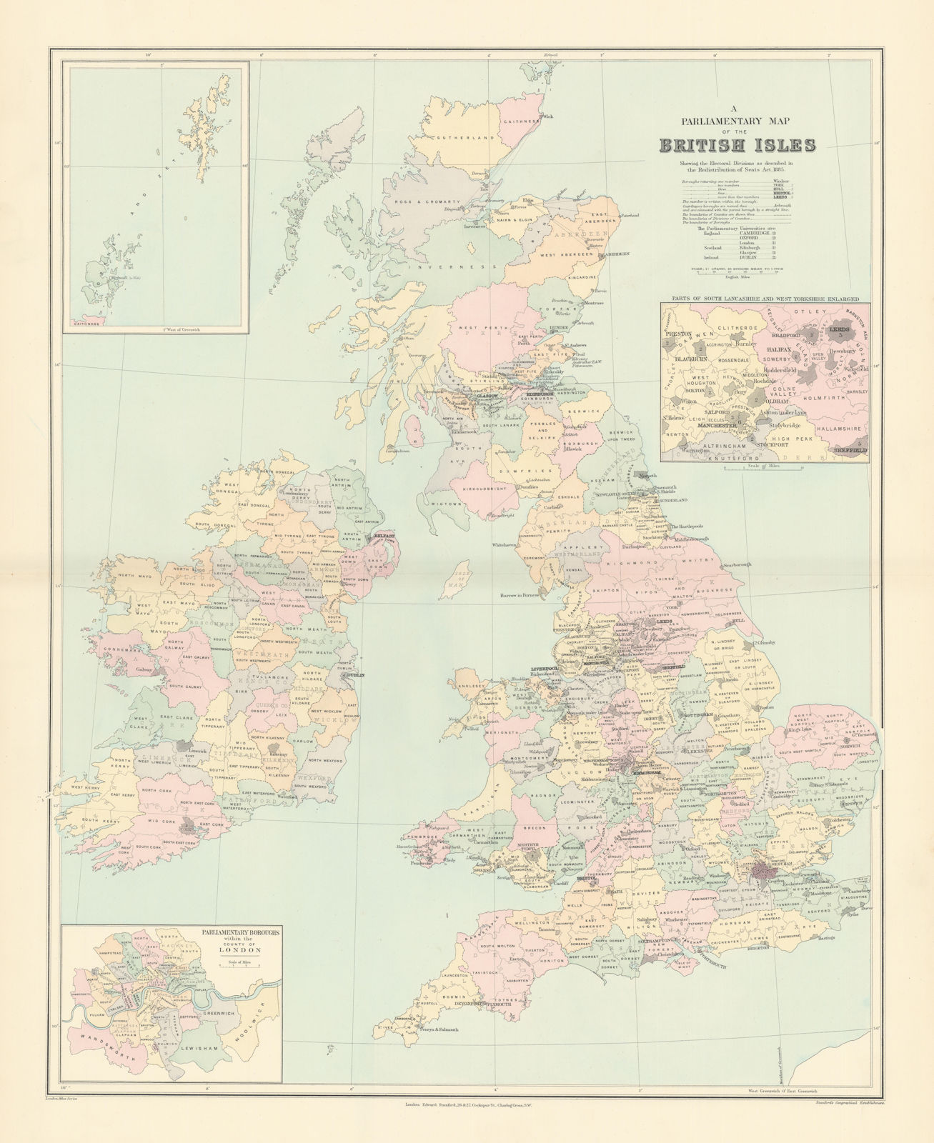 British Isles Parliamentary constituencies. Large 64x51cm. STANFORD 1896 map