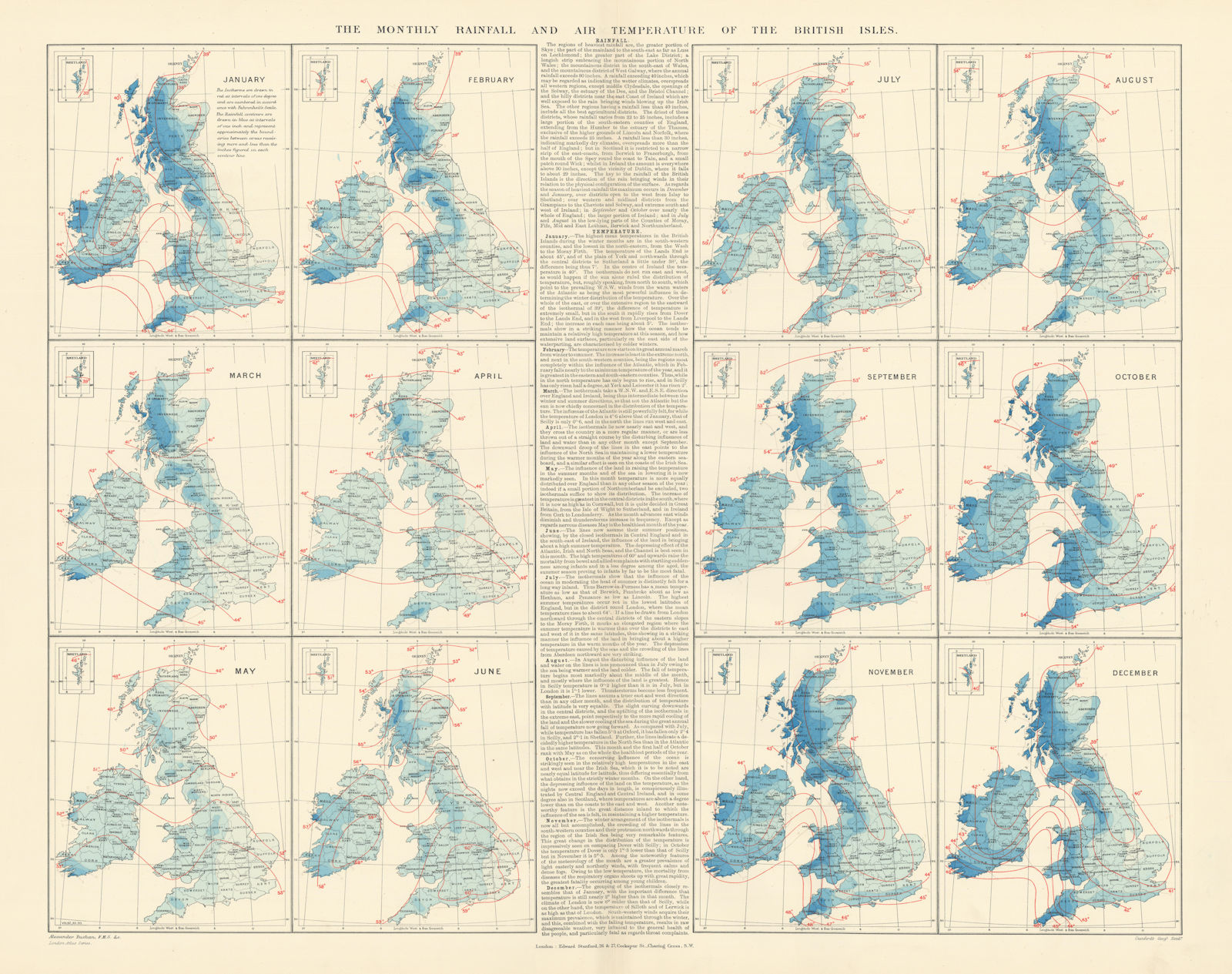 Associate Product British Isles. Monthly rainfall & air temperature. 61x55cm. STANFORD 1896 map