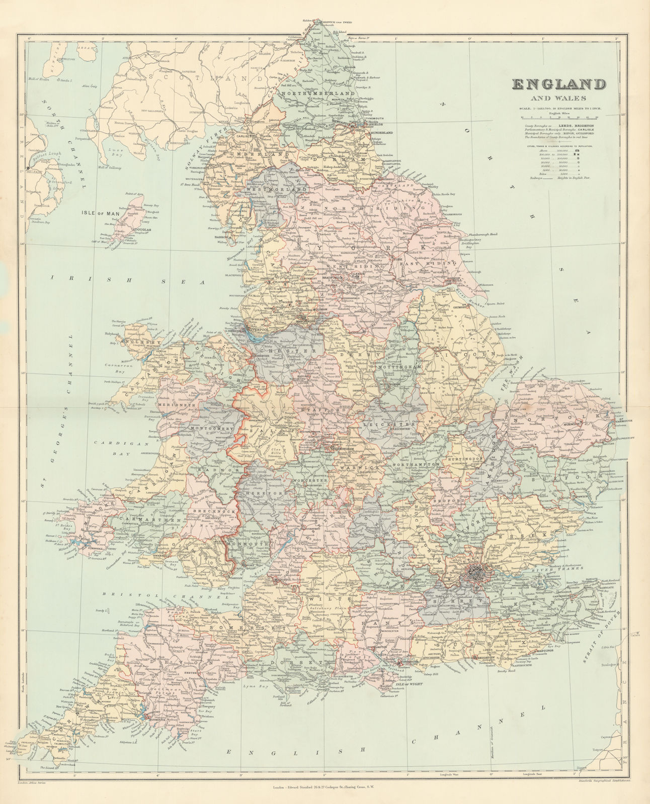 England and Wales in counties. Railways. Large 68x55cm. STANFORD 1896 old map