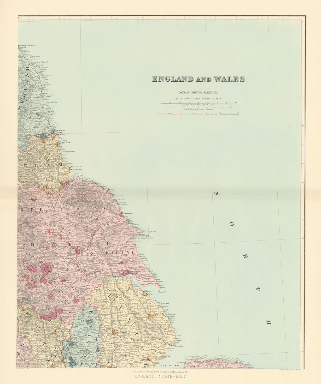 Associate Product North east England. Tyneside Yorkshire Lincolnshire. 62x51cm STANFORD 1896 map