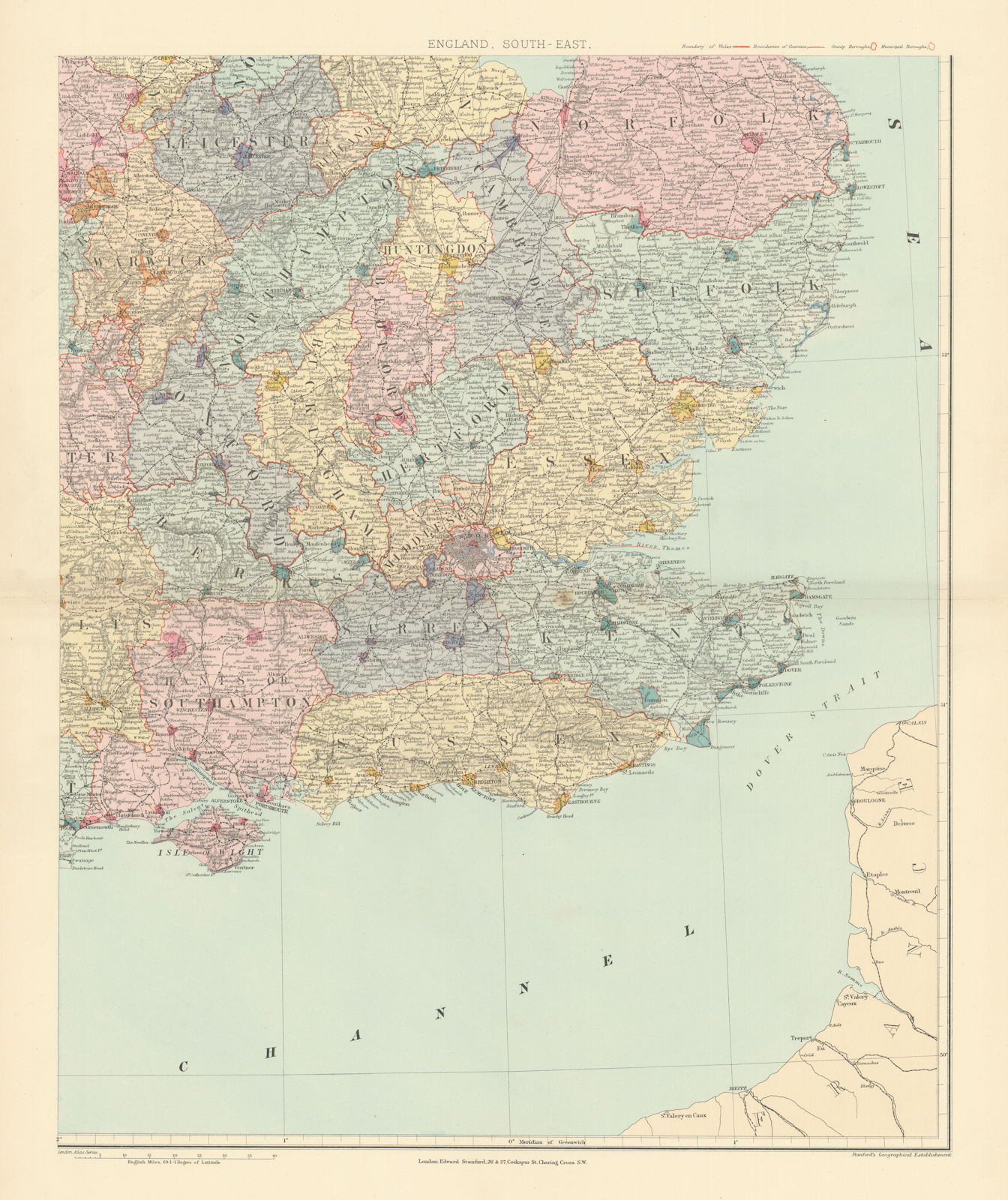 Associate Product South east England. Counties & boroughs. Large 62x50cm. STANFORD 1896 old map
