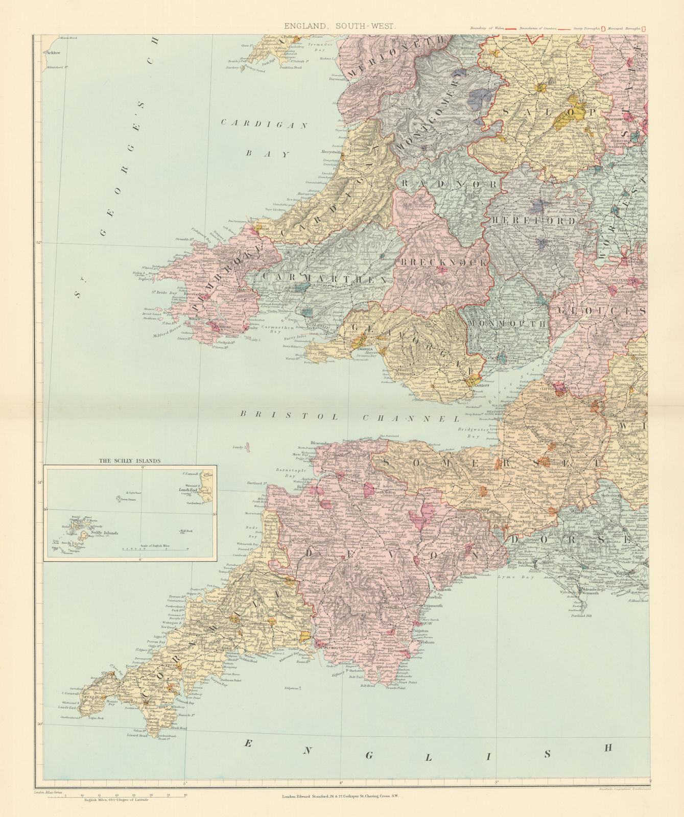 Associate Product South Wales & S. West England. Devon Cornwall Somerset 62x51cm STANFORD 1896 map
