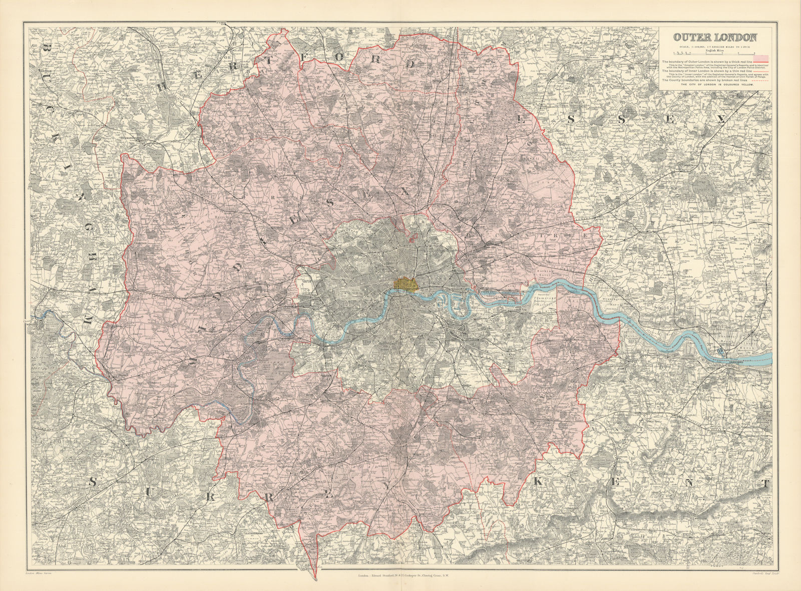 Outer [Greater] London. Metropolitan Police Area. 54x72cm. STANFORD 1896 map