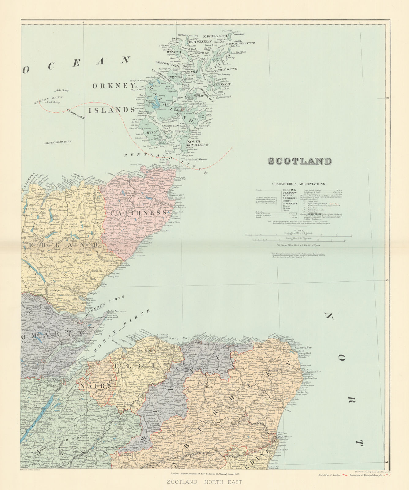 Associate Product Scotland N.E. Orkney Cathiness Banff Elgin Aberdeen Sutherland STANFORD 1896 map