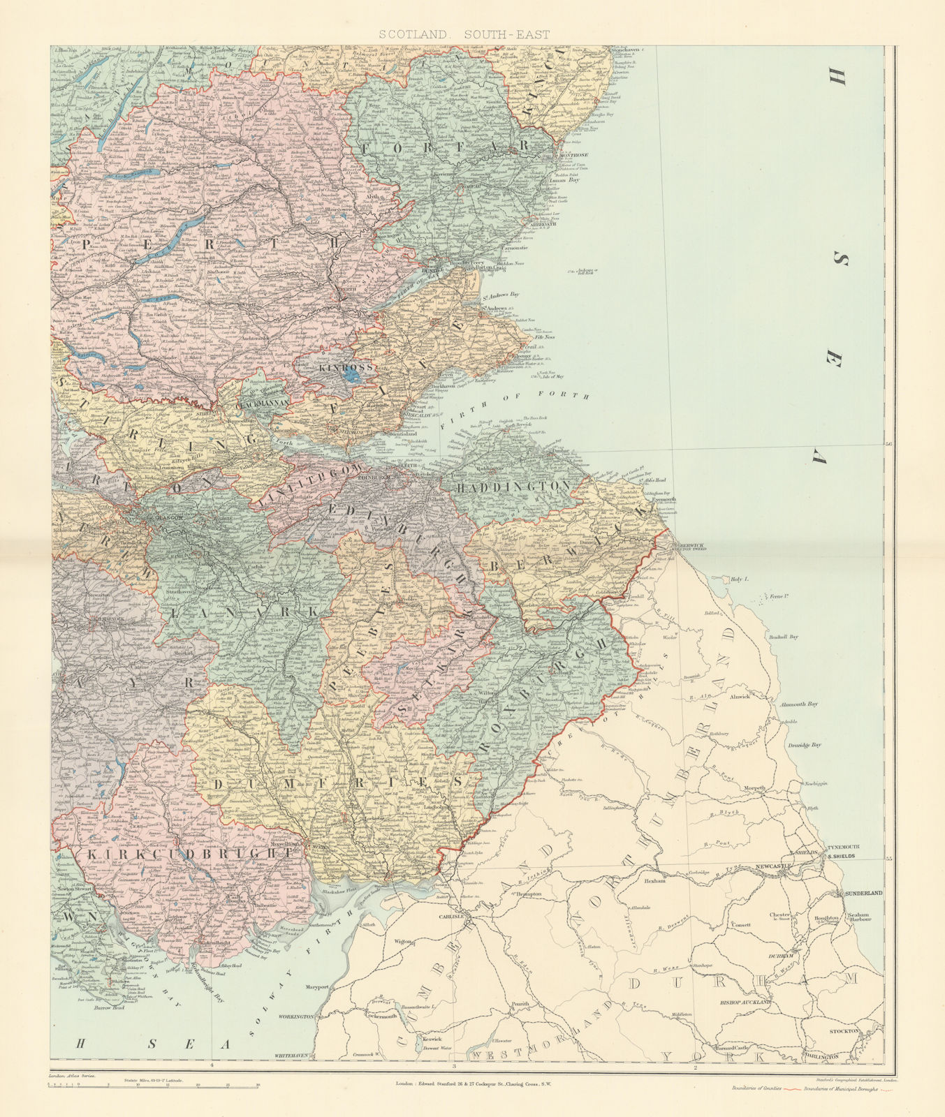 Scotland S.E. Borders Central Firth of Forth Perth. 61x50cm. STANFORD 1896 map