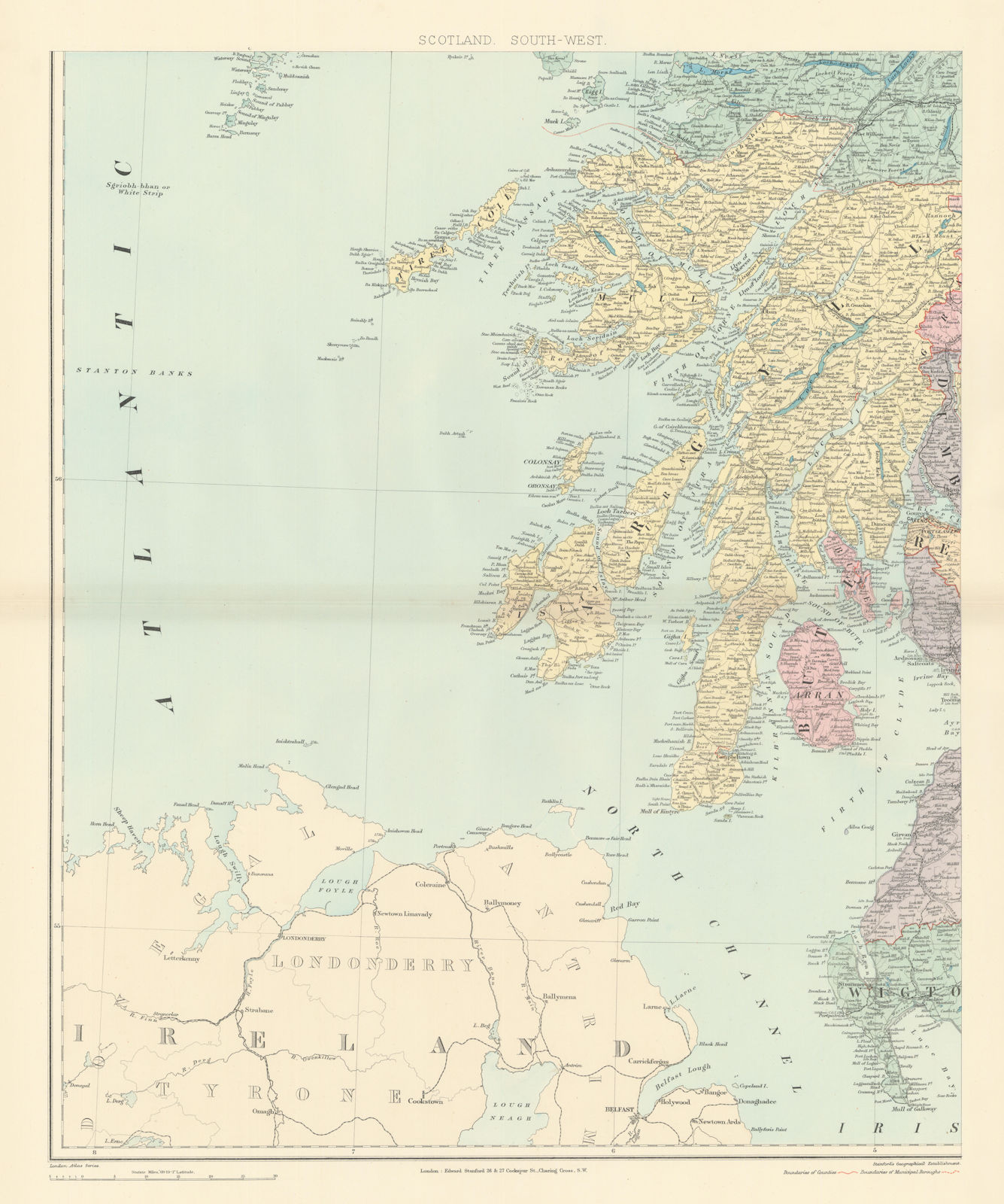 Scotland S.W. Argyll Islay Jura Kintyre Mull Tiree. 61x50cm. STANFORD 1896 map