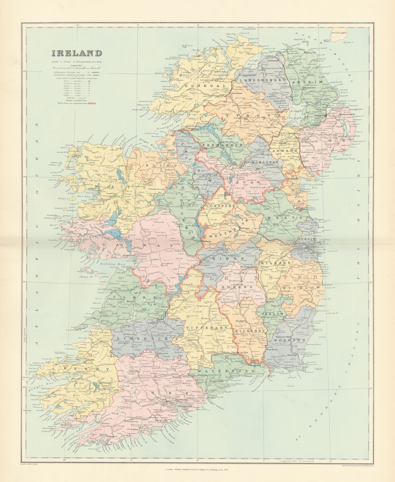 Ireland. Counties, railways & provinces. Large 64x52cm. STANFORD 1896 old map
