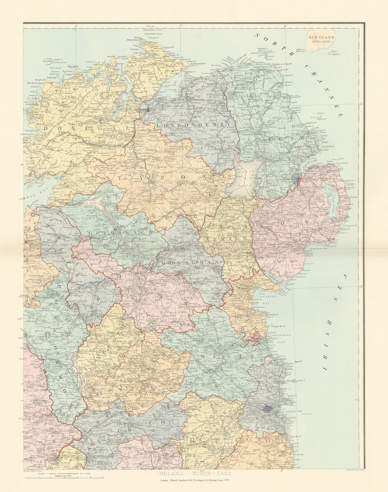 Associate Product Ireland north-east Ulster Down Antrim Armagh Londonderry &c. STANFORD 1896 map