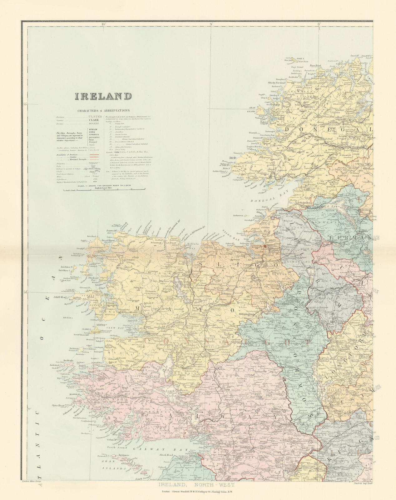 Associate Product Ireland north-west. Connacht Mayo Galway Roscommon Leitrim. STANFORD 1896 map