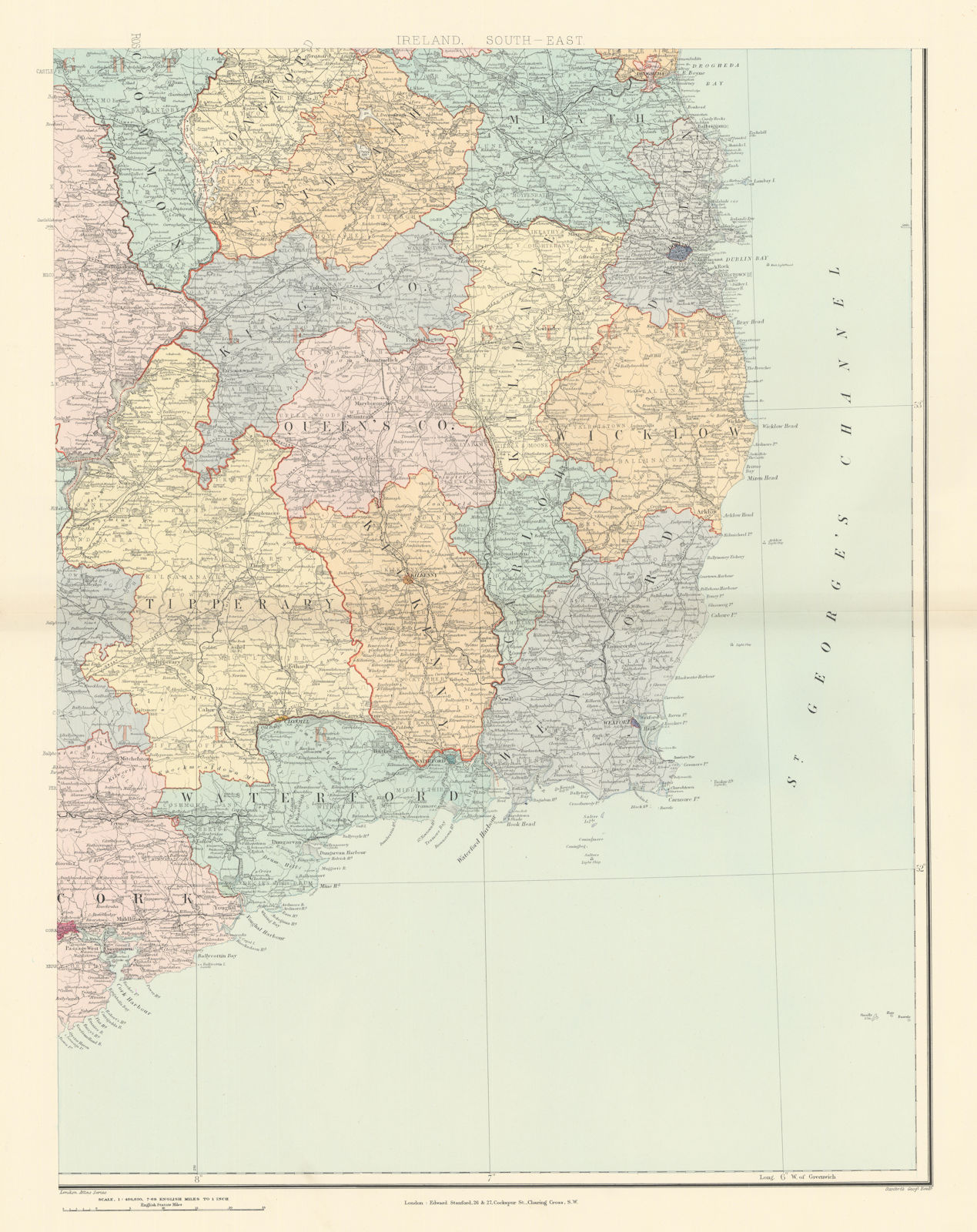 Ireland south-east Leinster Kildare Wicklow Dublin Tipperary. STANFORD 1896 map