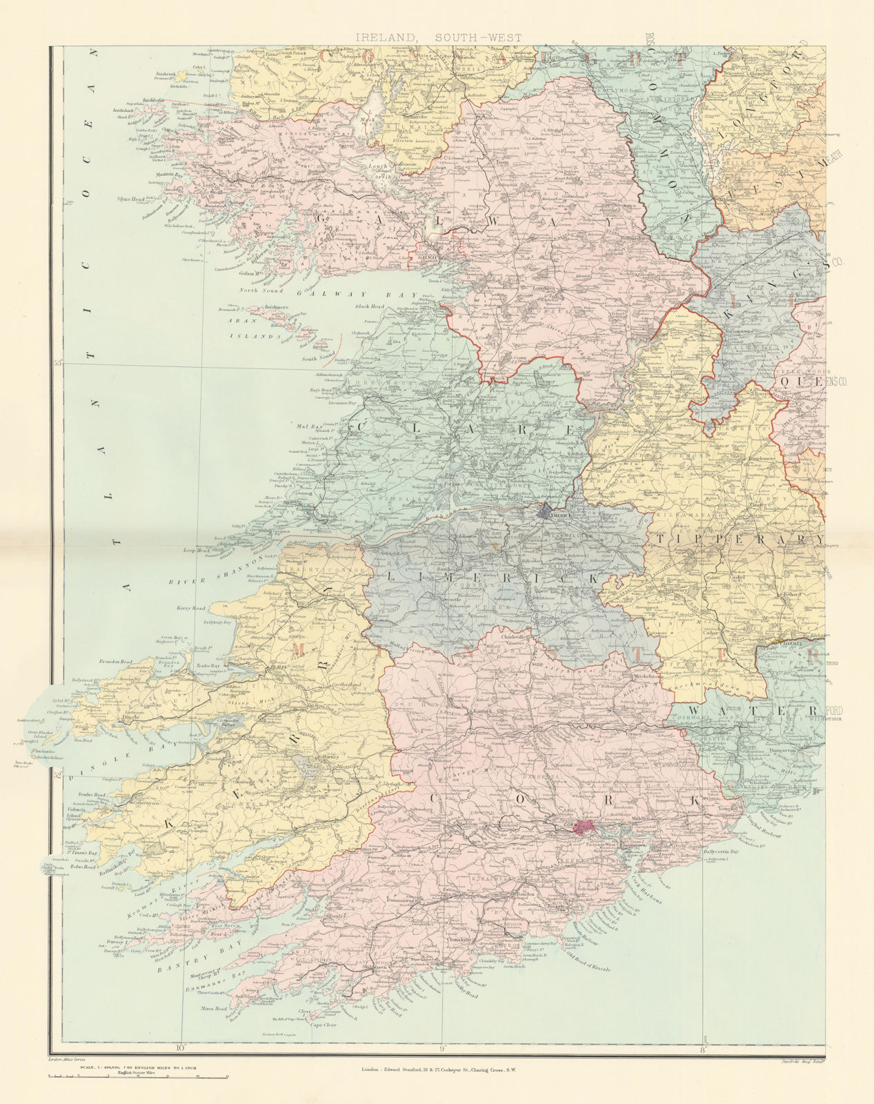 Associate Product Ireland south-west Munster Kerry Limerick Cork Clare Limerick. STANFORD 1896 map