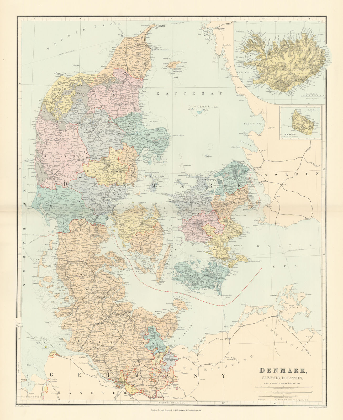 Denmark, Schleswig & Holstein. Iceland Bornholm. Large 66x52cm STANFORD 1896 map