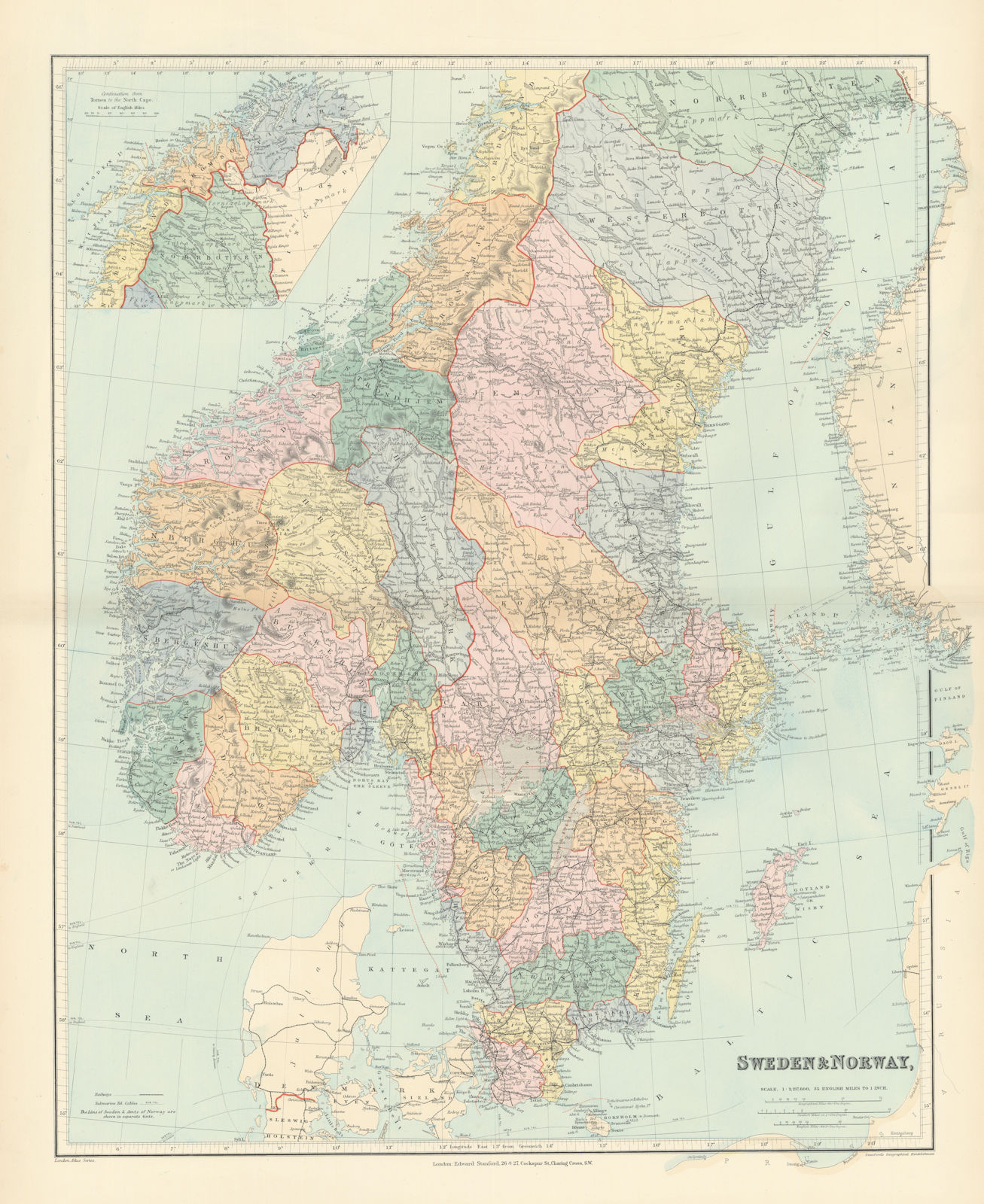 Scandinavia physical mountains fjords glaciers. Sweden Norway. STANFORD 1896 map