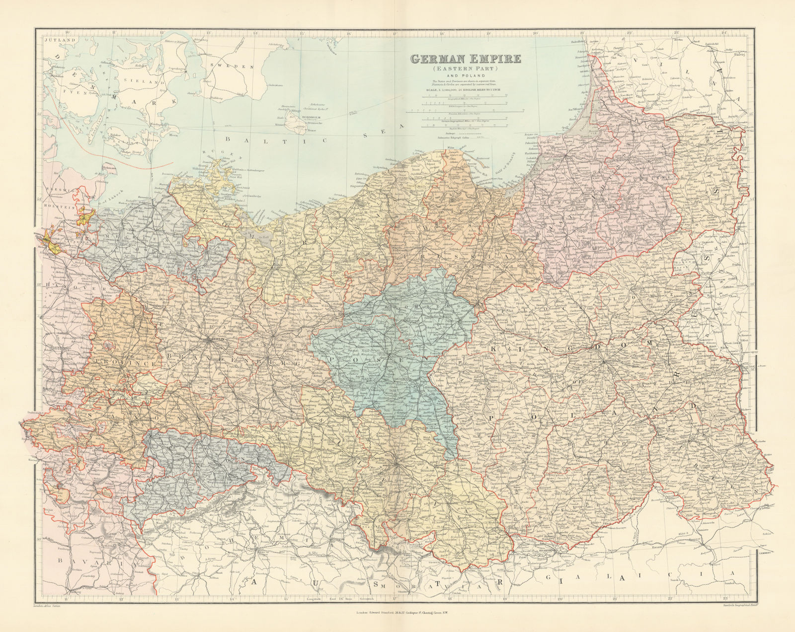 Associate Product German Empire (eastern part) and Poland. Large 66x52cm. STANFORD 1896 old map