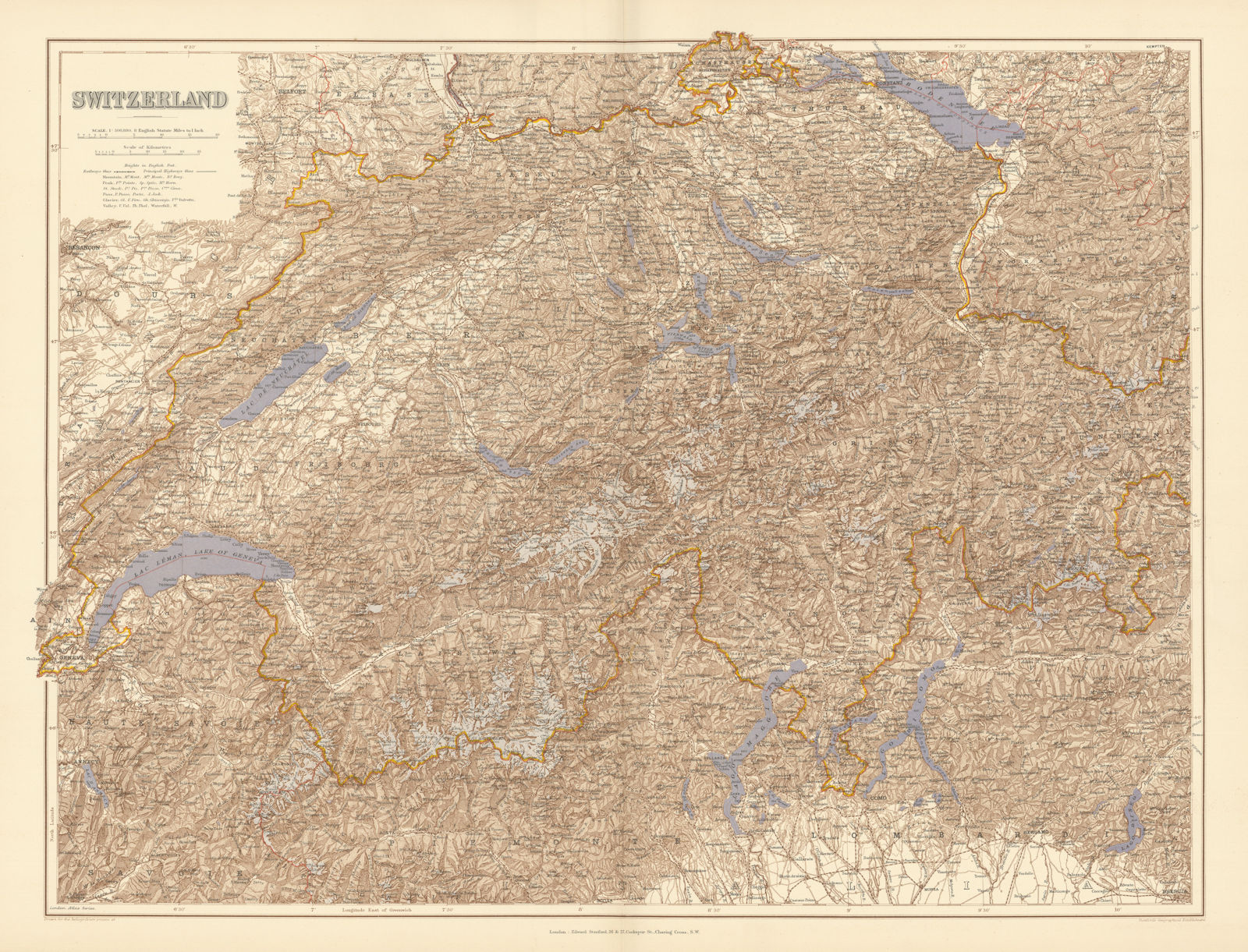 Switzerland & the Alps. Haute Savoie. Italian Lakes. Aosta. STANFORD 1896 map