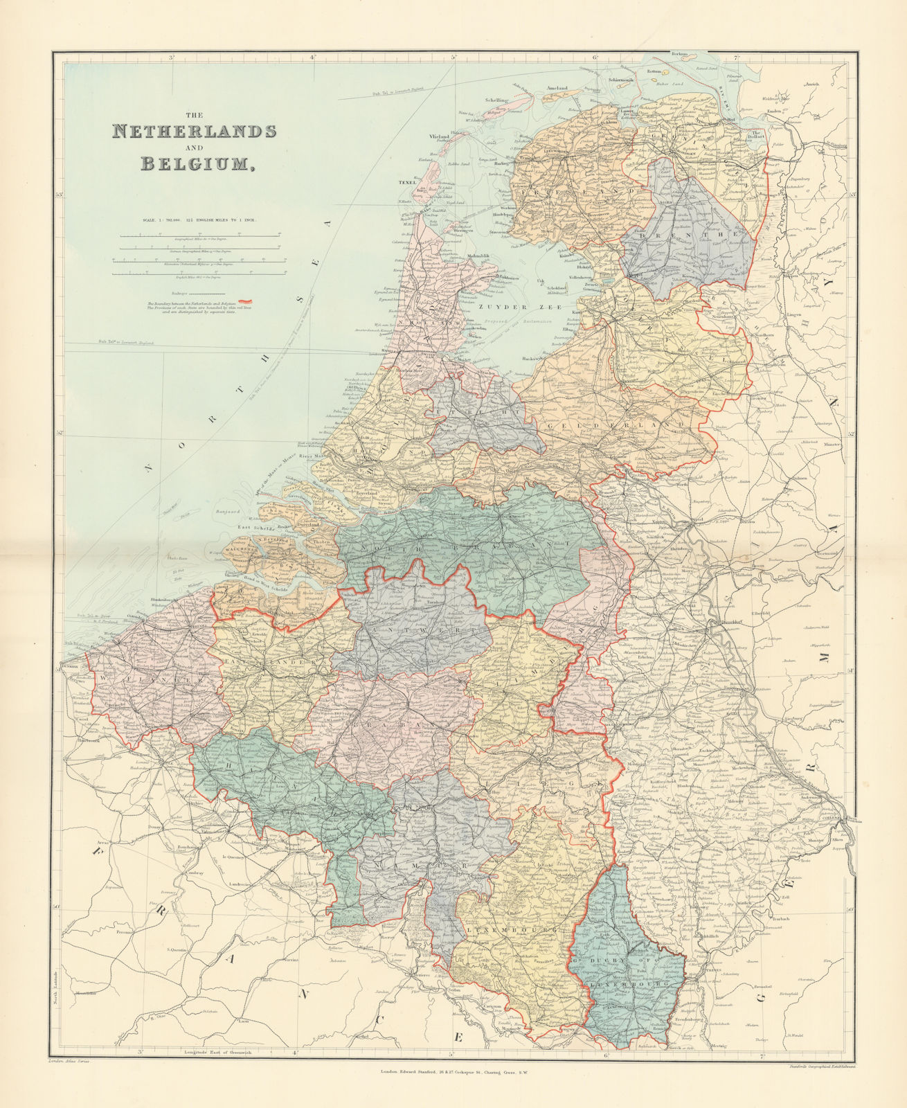 Associate Product Netherlands & Belgium. Benelux. Projected Great Dyke. 68x54cm. STANFORD 1896 map
