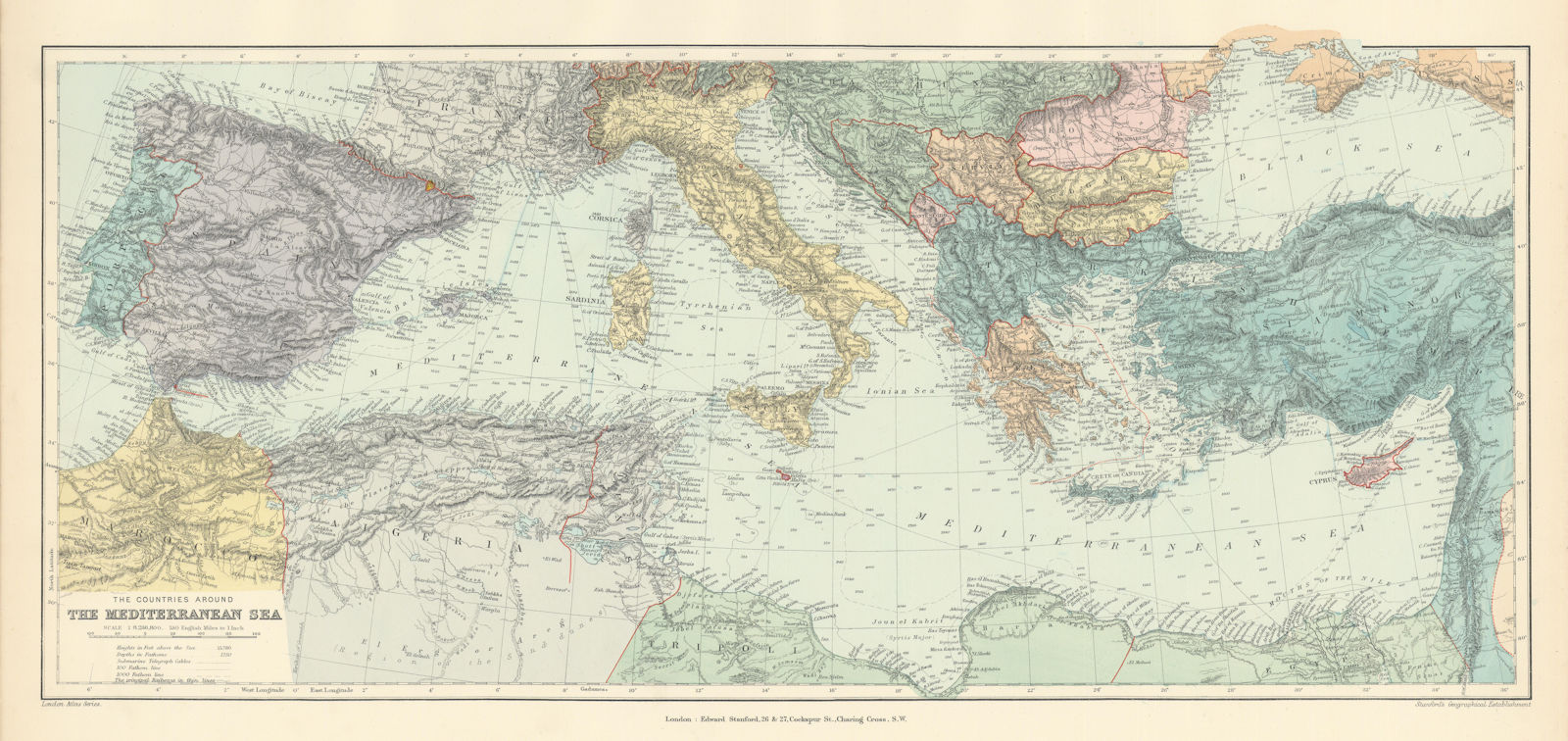Countries round the Mediterranean. Soundings Telegraph cables. STANFORD 1896 map