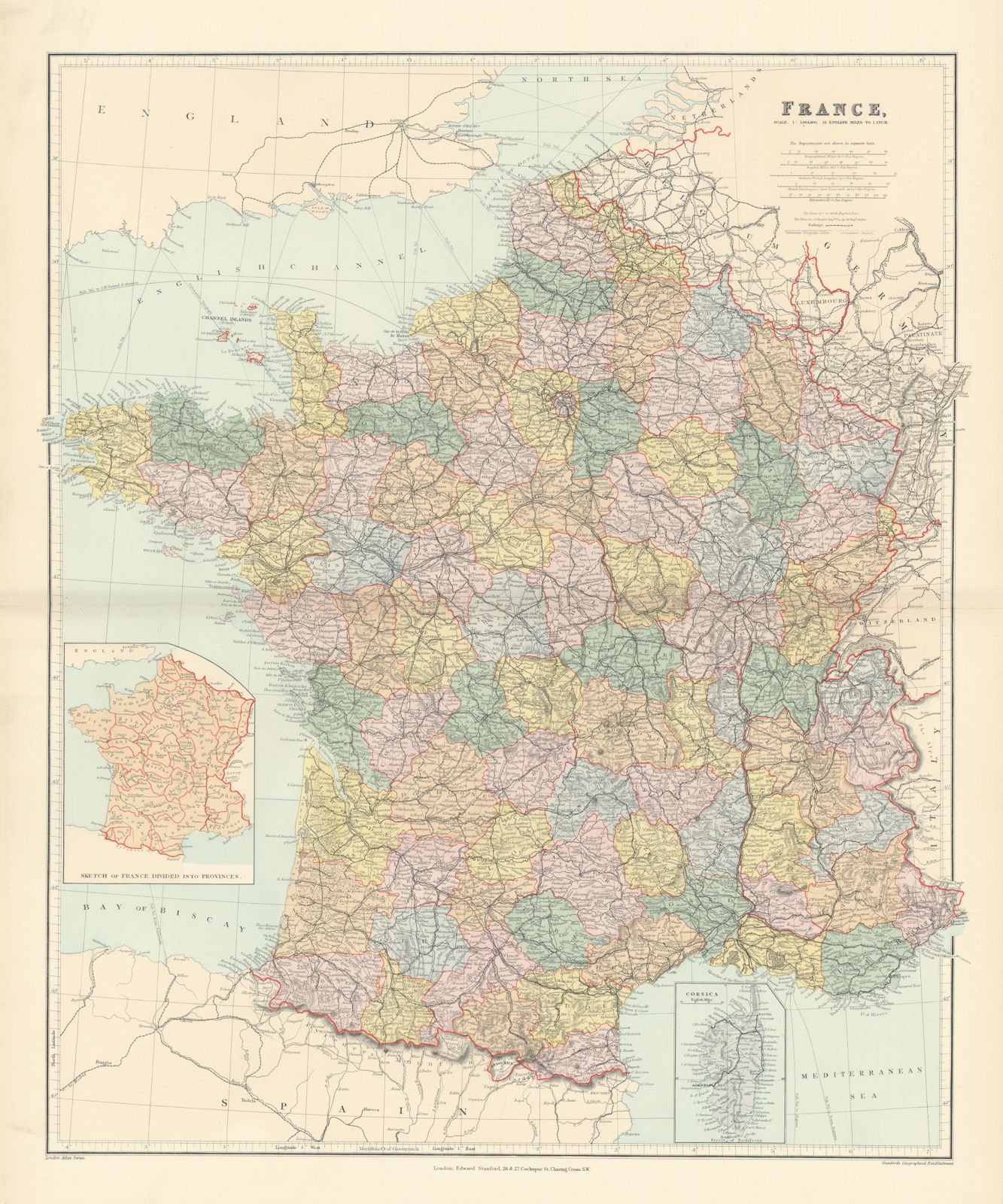 Associate Product France in departements without Alsace Lorraine. Large 65x54cm. STANFORD 1896 map