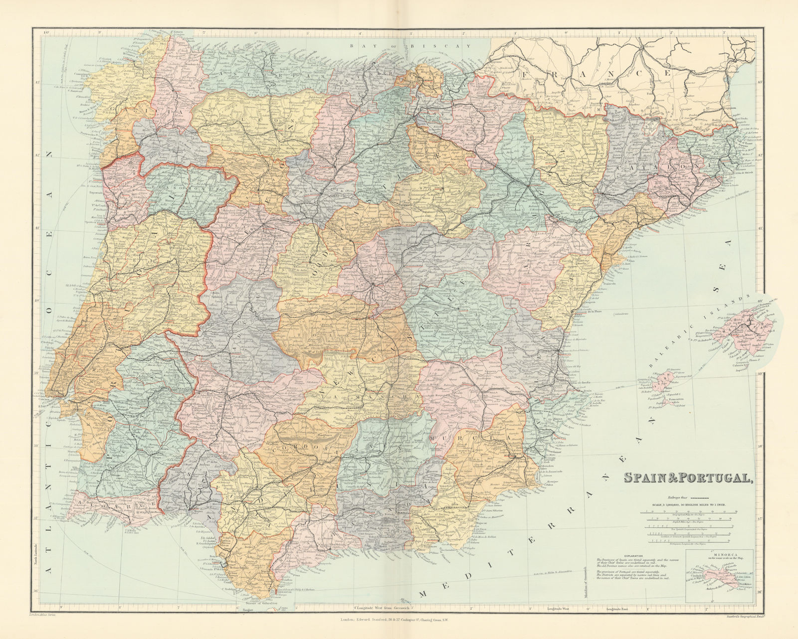 Associate Product Spain & Portugal. Iberia. Railways. Large 52x65cm. STANFORD 1896 old map