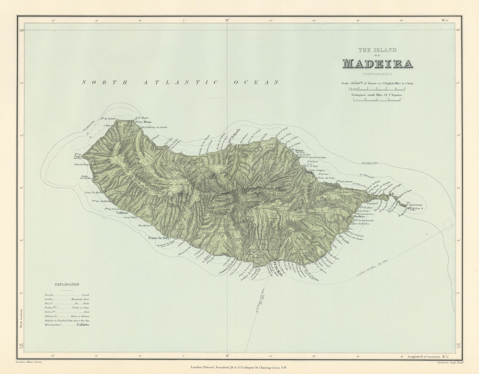 The Island Of Madeira. Rivers Mountains. STANFORD 1896 old antique map chart