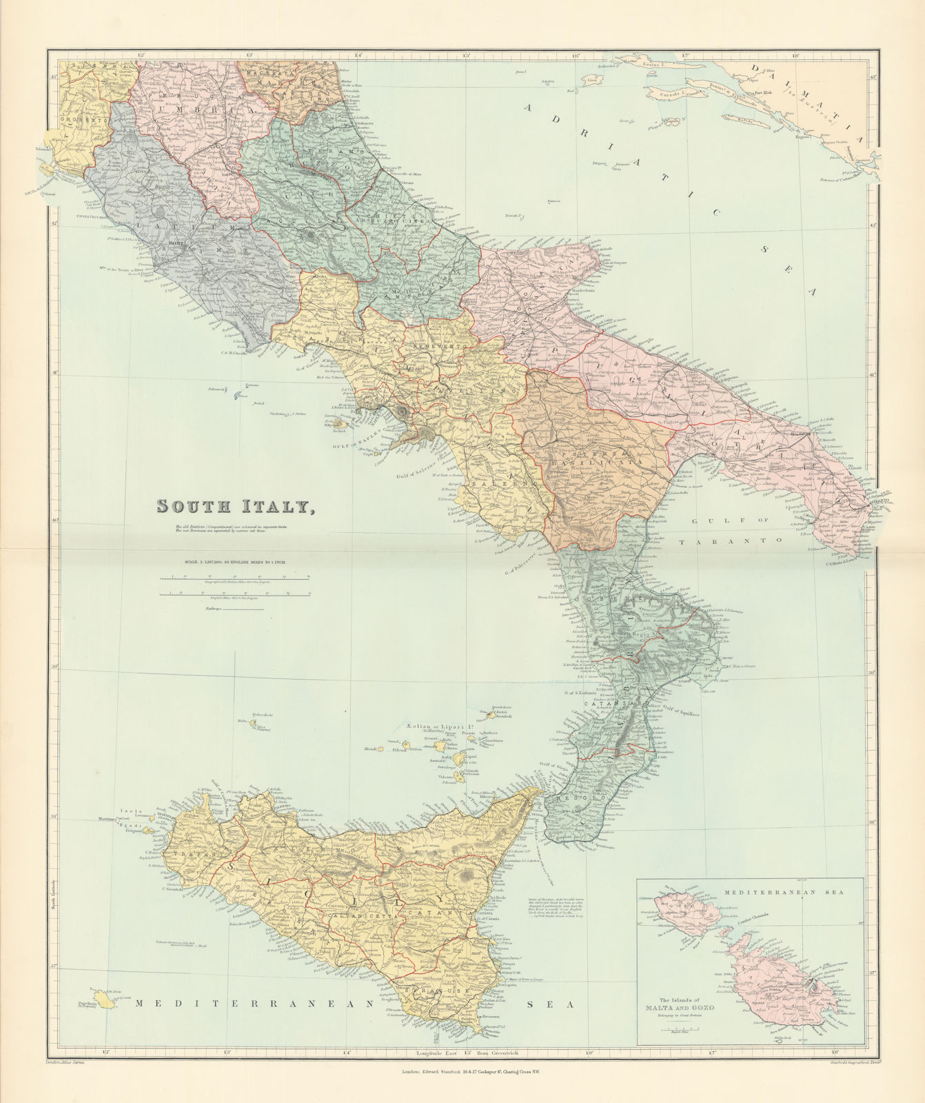 South Italy. Sicily Calabria Puglia Abruzzo Lazio Campania. STANFORD 1896 map
