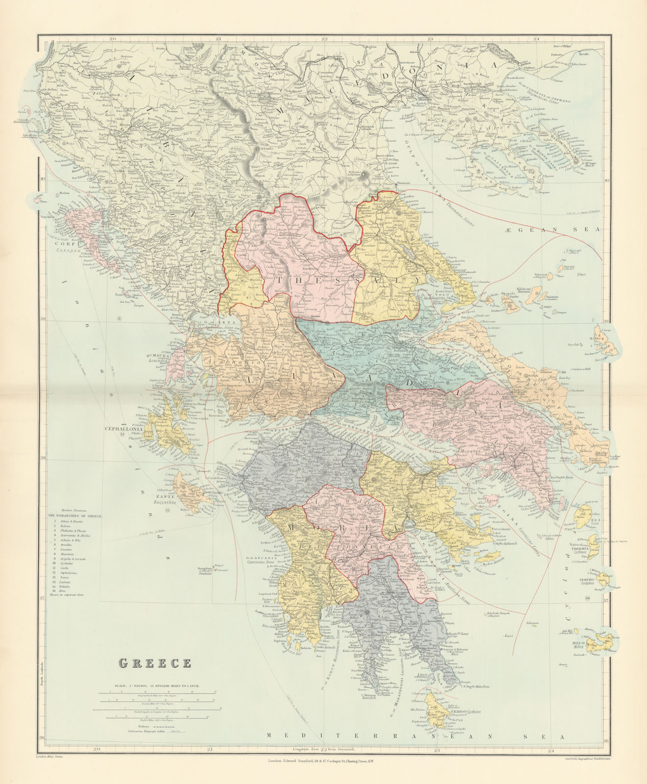 Associate Product Greece. Nomarchies. Ionian Sporades Cyclades Morea Livadia. STANFORD 1896 map