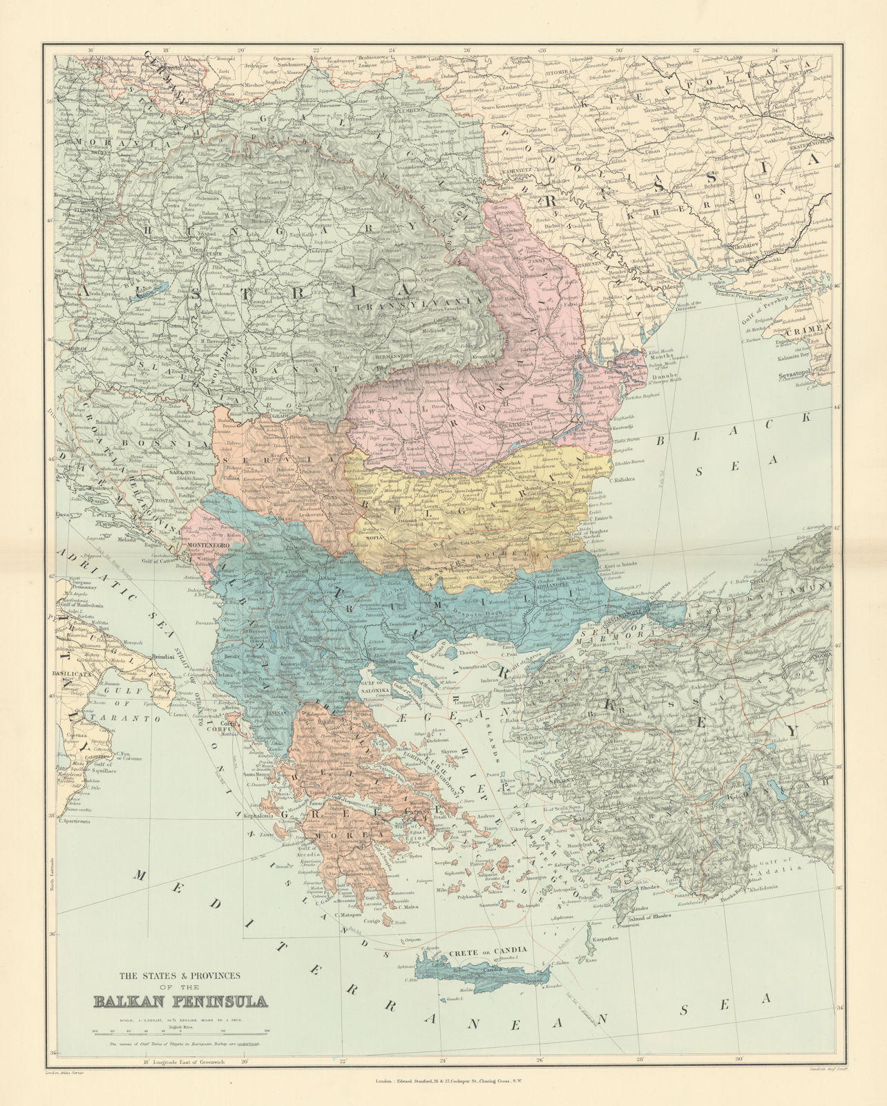 Associate Product BALKAN PENINSULA Greece Austria Rumili Servia Turkey Romania STANFORD 1896 map