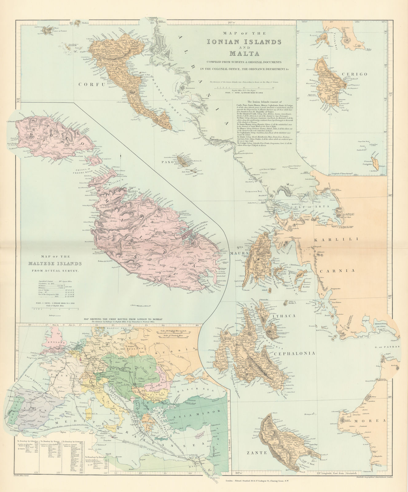 Ionian Islands & Malta. Corfu Zante Kefalonia Kythira Lefkada. STANFORD 1896 map