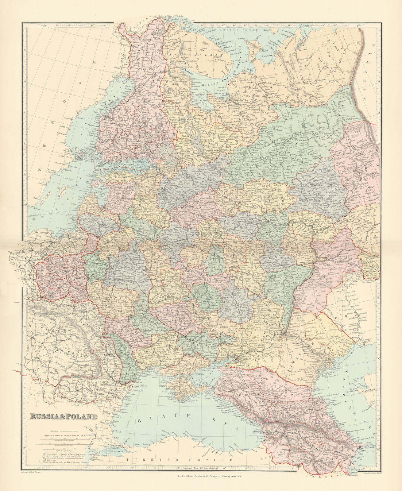 Russia & Poland. Caucasus. Republics krais oblasts railways. STANFORD 1896 map