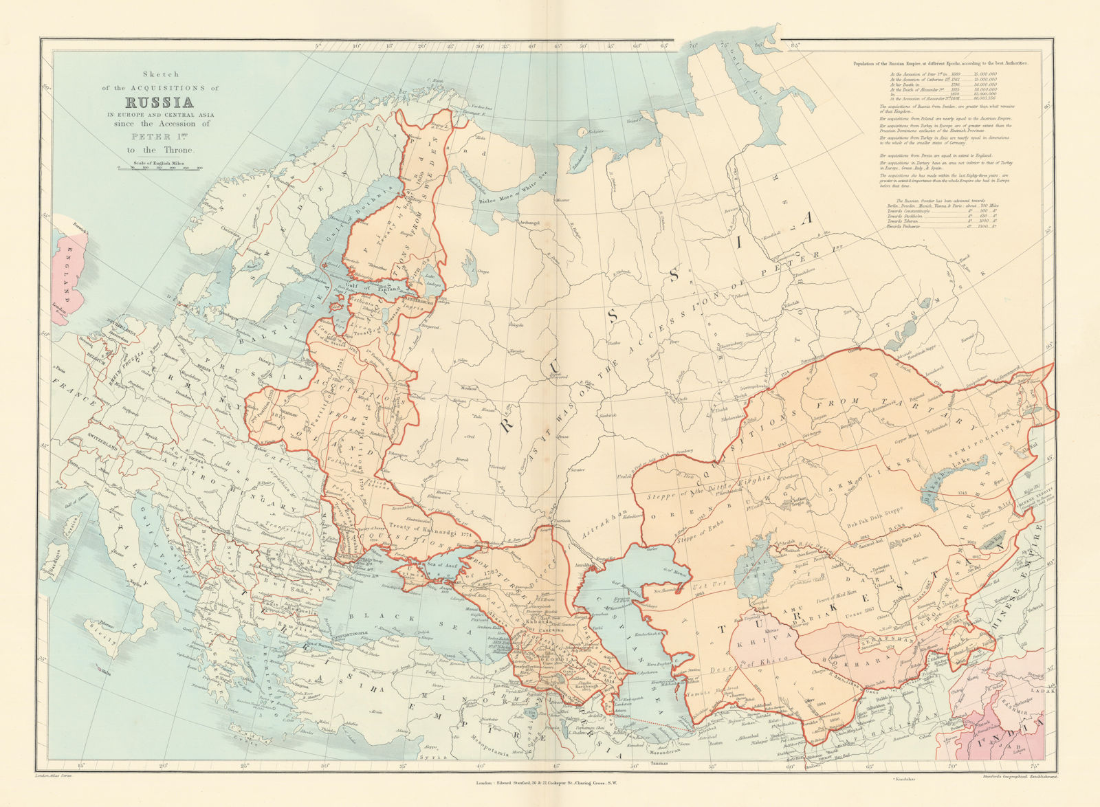 Russian acquisitions in Europe & Central Asia since 1689. STANFORD 1896 map