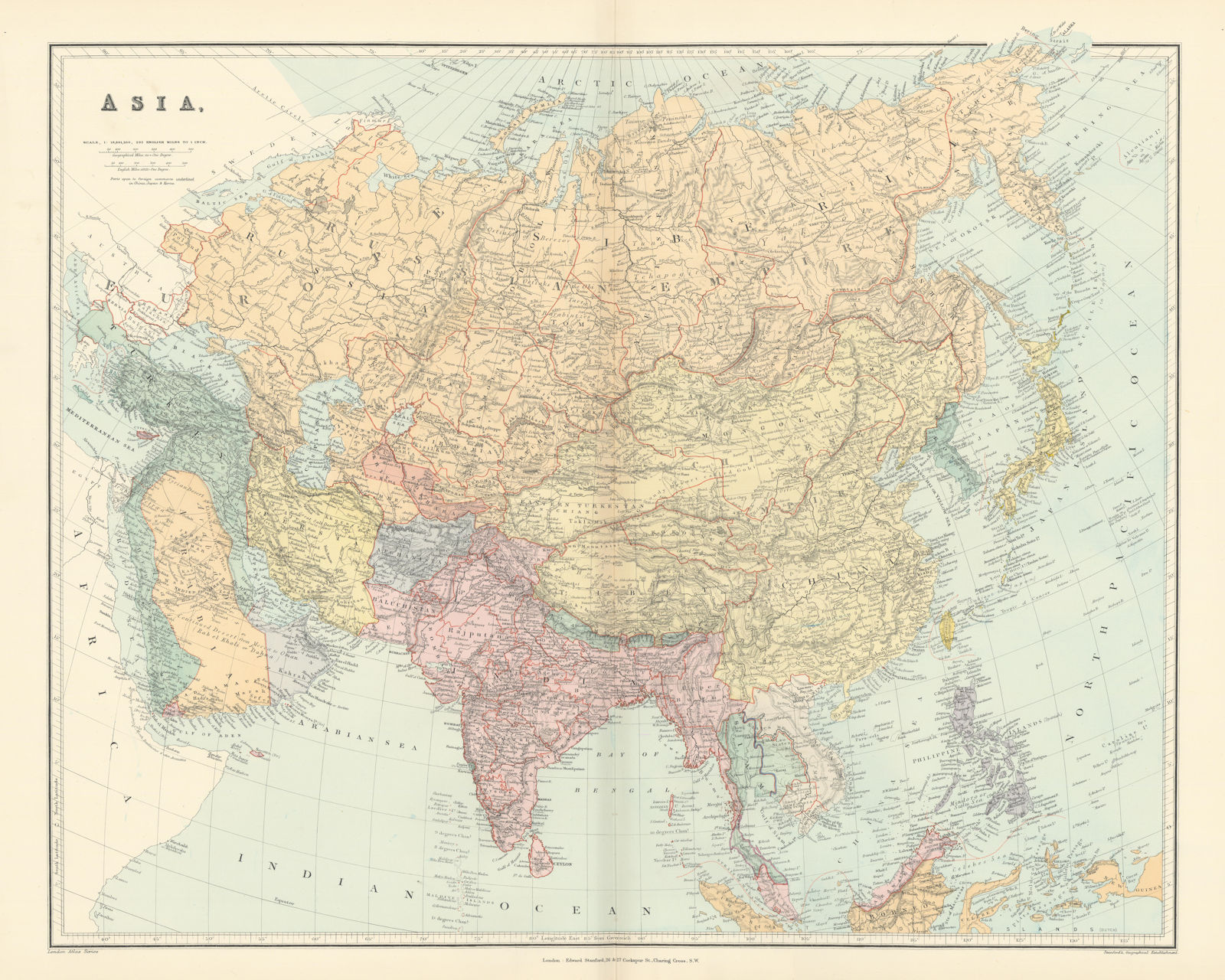 ASIA Japanese Formosa British India Siam Oman Abu Debi (Dhabi) STANFORD 1896 map