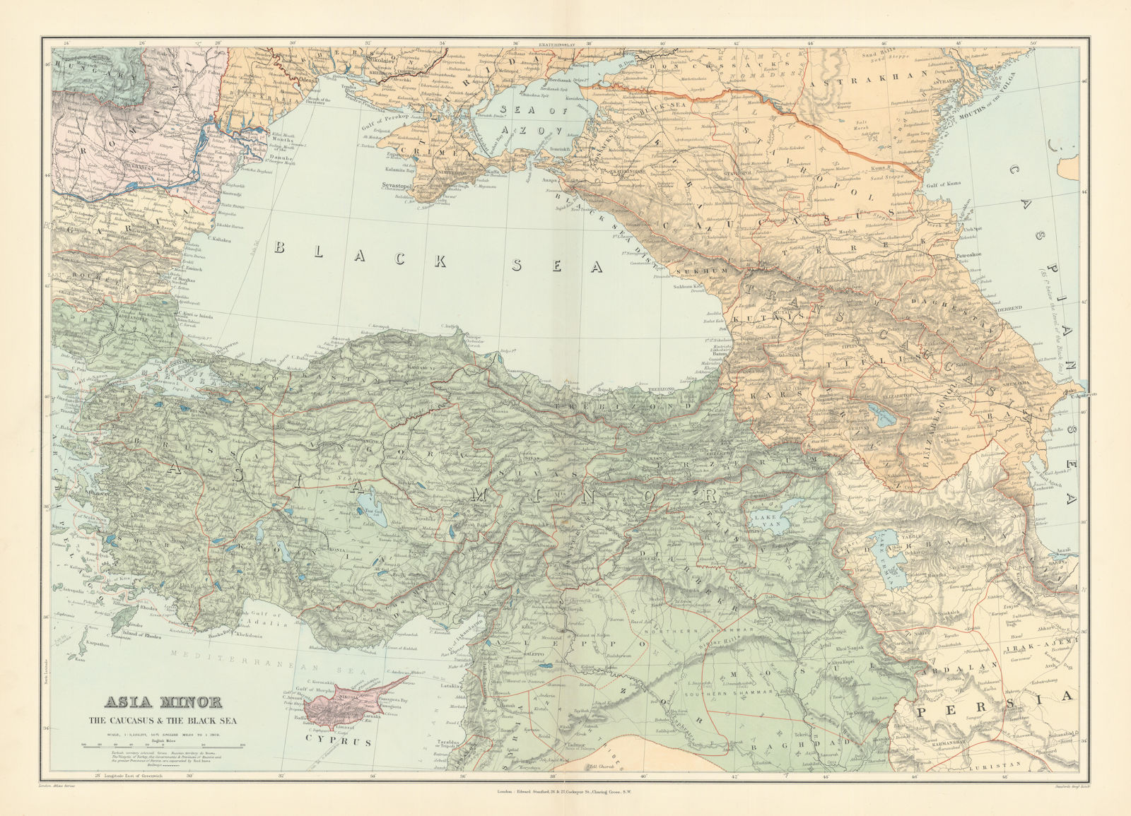 Asia Minor Caucasus & Black Sea. Turkey Syria Georgia Armenia. STANFORD 1896 map