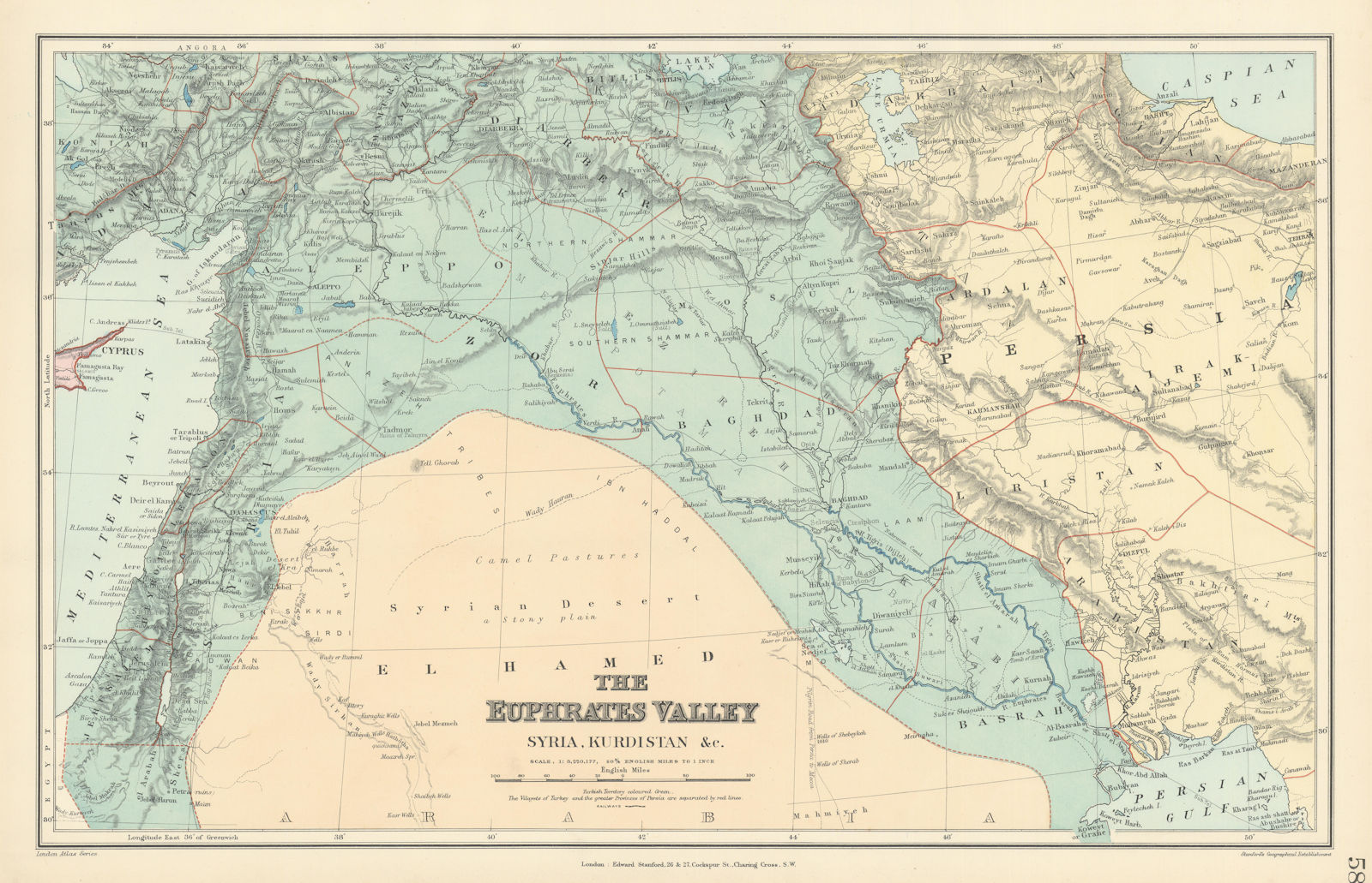 Euphrates Valley Syria Kurdistan Levant Iraq Persia Palestine. STANFORD 1896 map