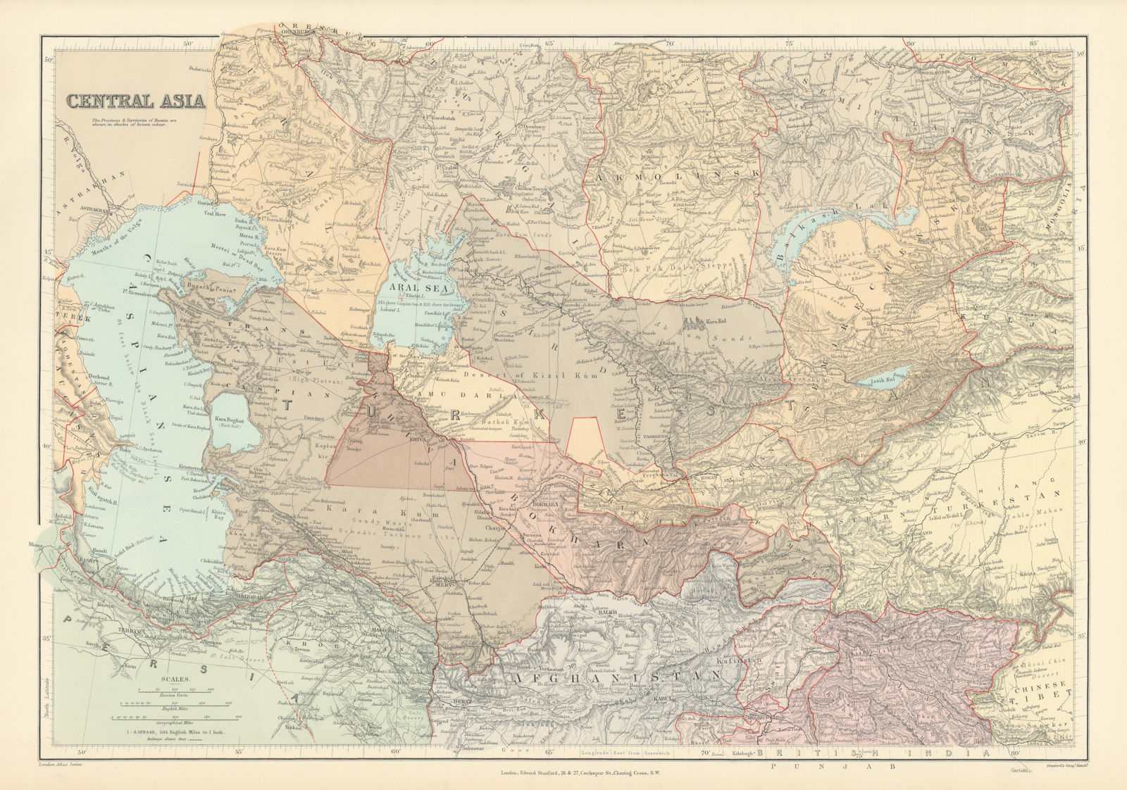 Central Asia. Trans-Caspian Aral Sea Khiva Bokhara Sirdaria STANFORD 1896 map