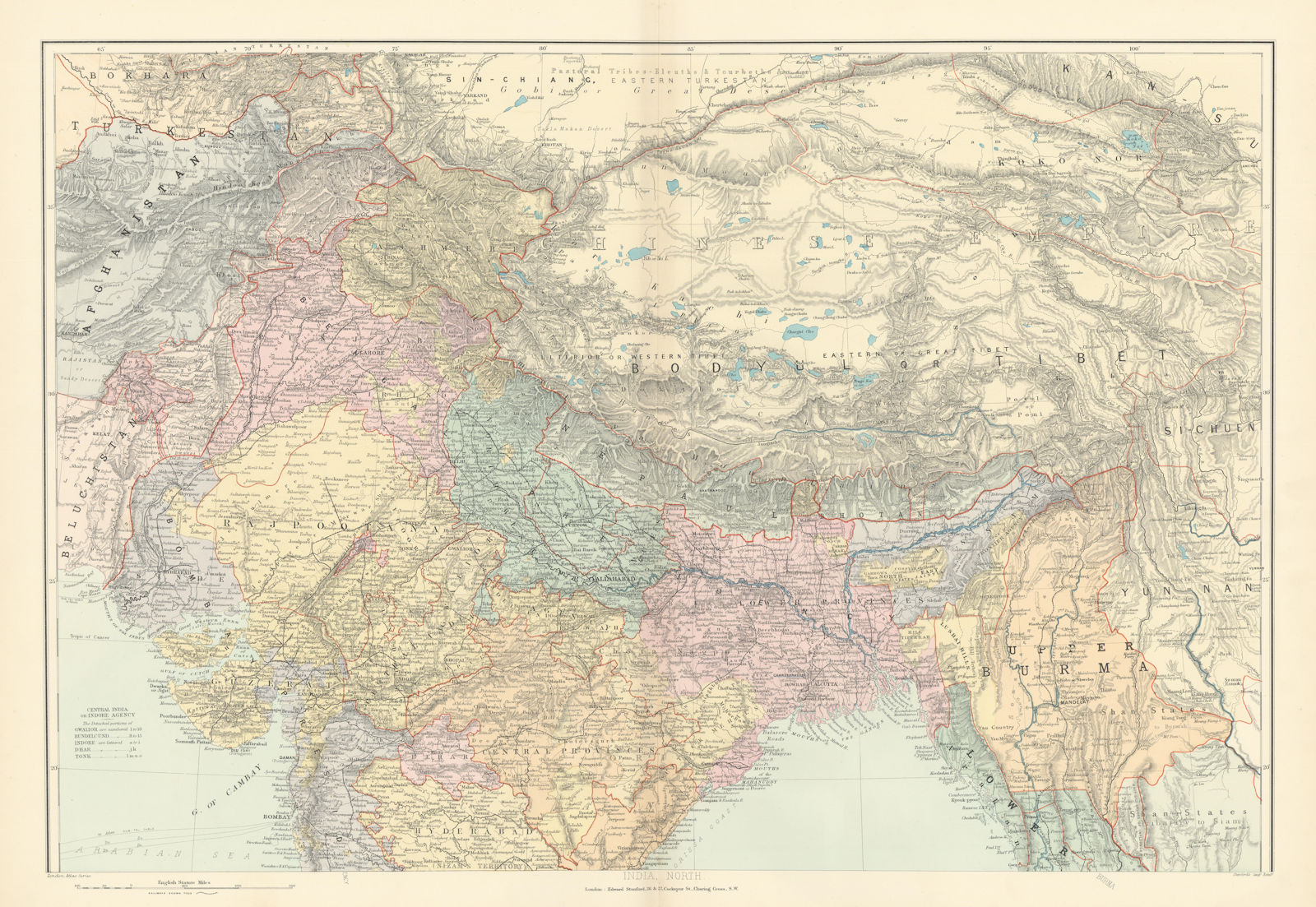 India, North. Tibet Bodyul Himalayas Baluchistan Burma 51x72cm STANFORD 1896 map